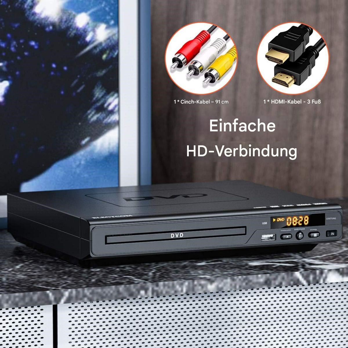 Schwarzer DVD-Player mit Display, das die Zeit und Kabel zeigt. Auf einer Oberfläche mit dekorativen Elementen.