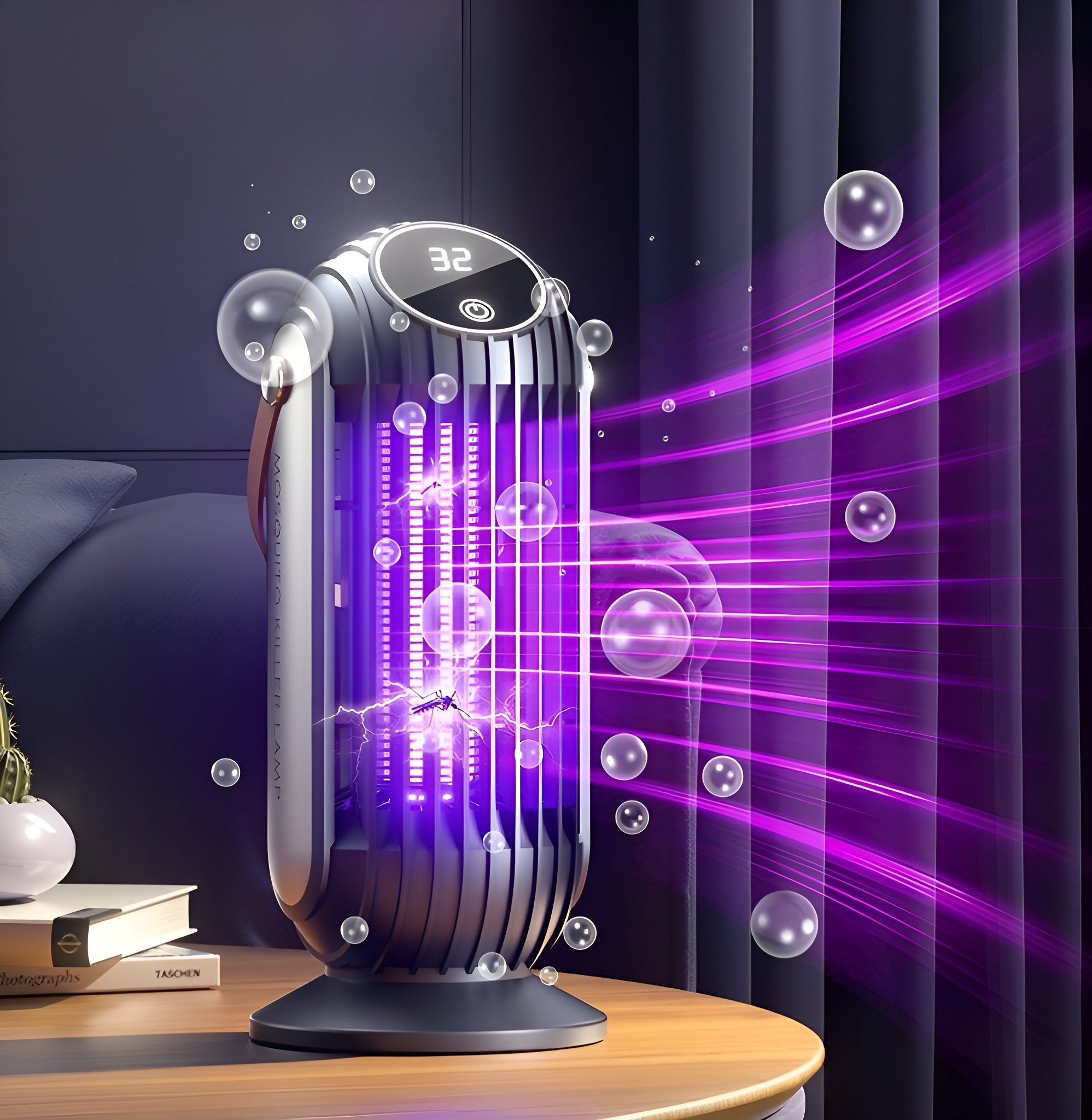 Eine Mückenvernichtungslampe mit violettem Licht, Blasen und einer Mückengrafik.