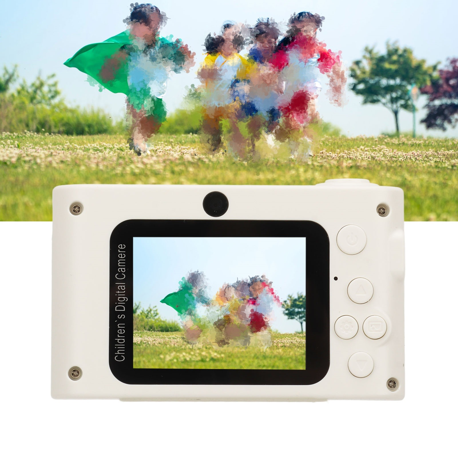Weiße Digitalkamera mit Kinderbild auf dem Bildschirm. Verschwommener Hintergrund von Kindern beim Rennen.