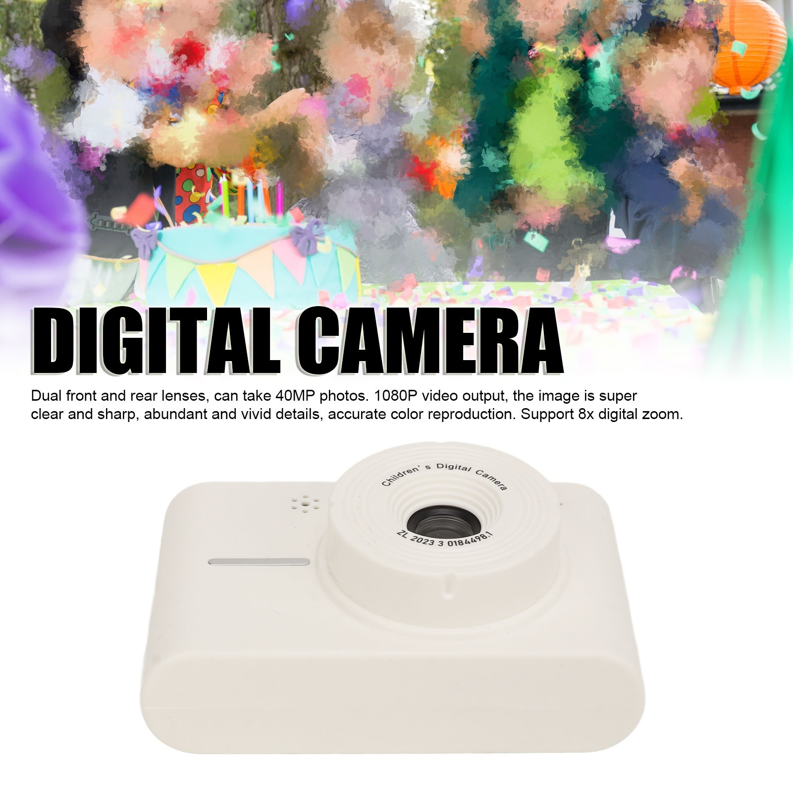 Weiße Digitalkamera mit Text-Overlay. Die Kamera hat ein Objektiv und ein weißes Gehäuse.