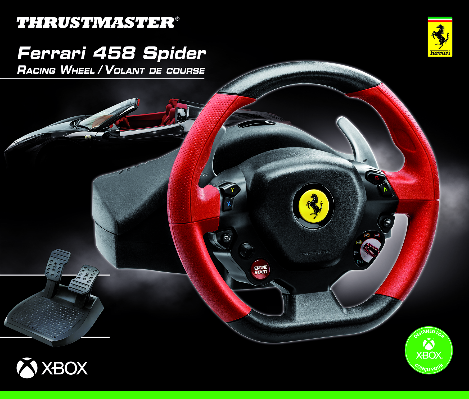 Volant de course Ferrari avec pédales et levier de vitesse. Schéma de couleurs noir, rouge et jaune. Logo Xbox.