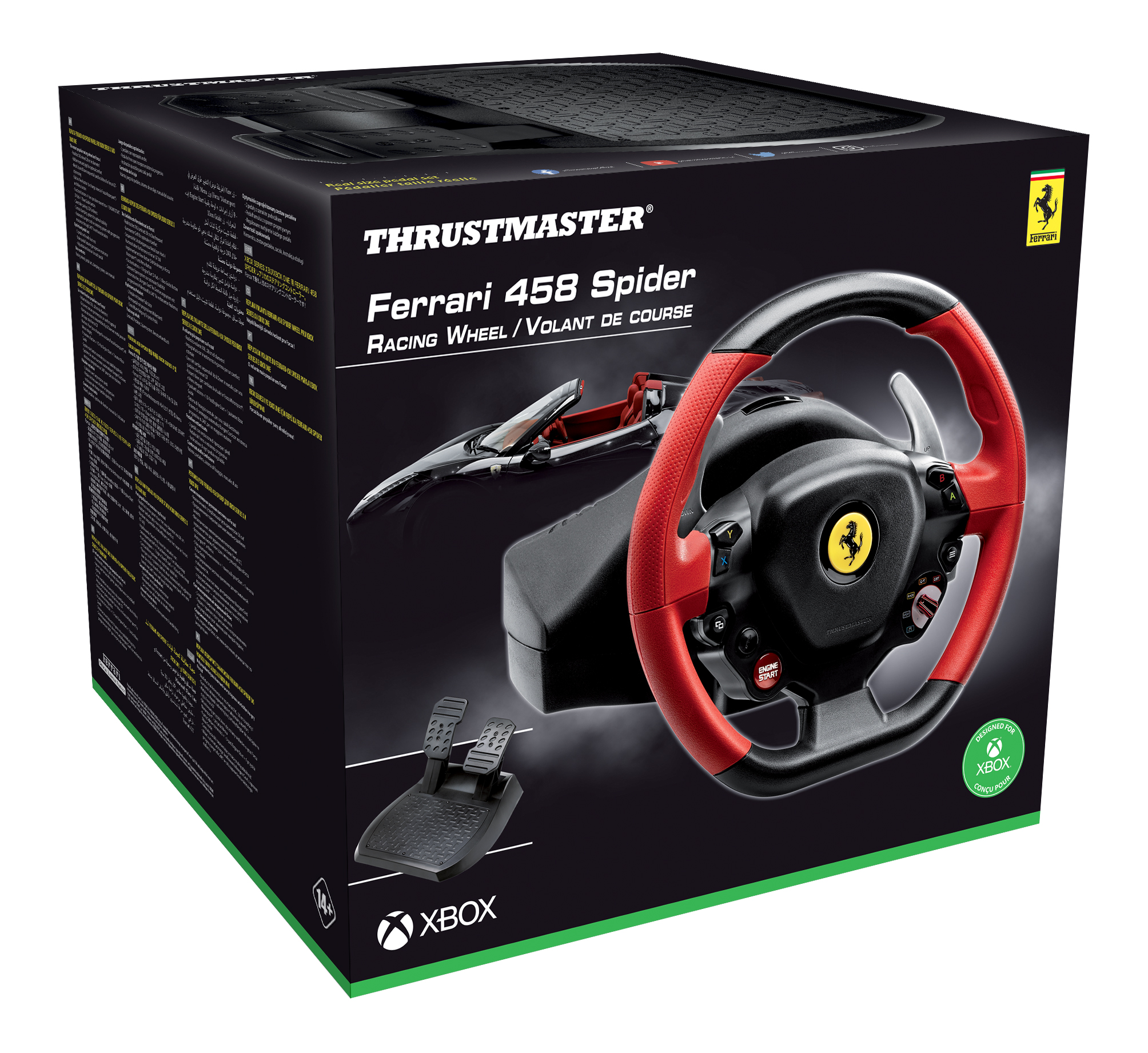 Ensemble volant de course Ferrari Thrustmaster noir en boîte, avec pédales et volant visibles.
