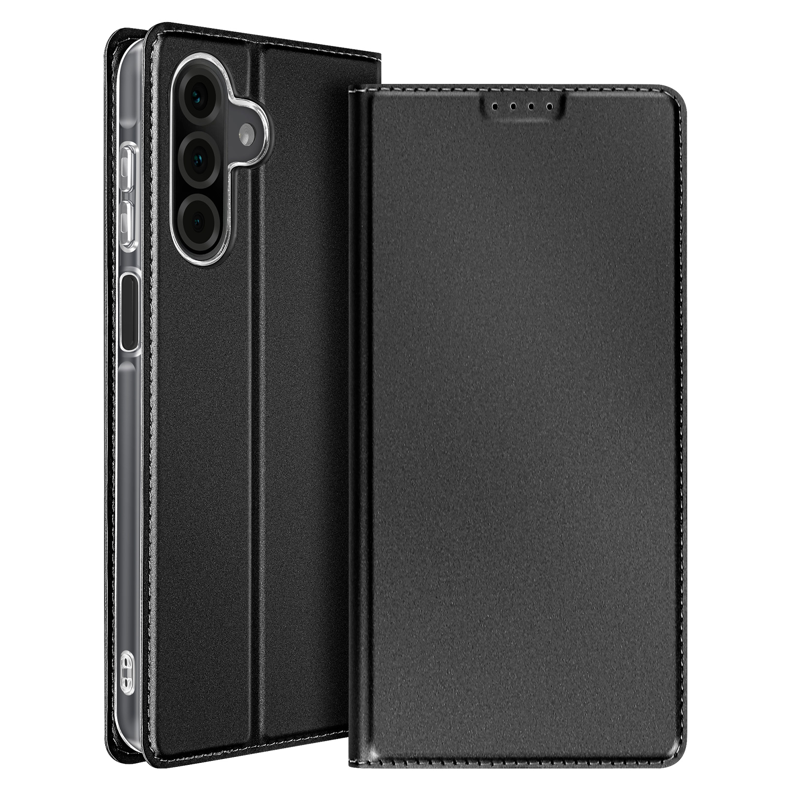 Custodia per telefono nera con protezione trasparente. Aperta, mostra il telefono e una custodia in pelle.