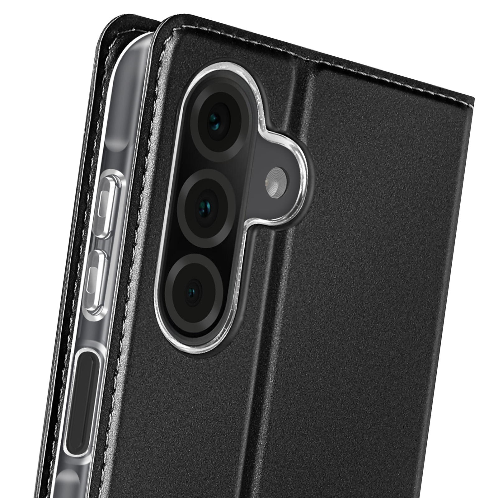 Custodia per telefono nera, primo piano delle lenti della fotocamera e del bordo del telefono.