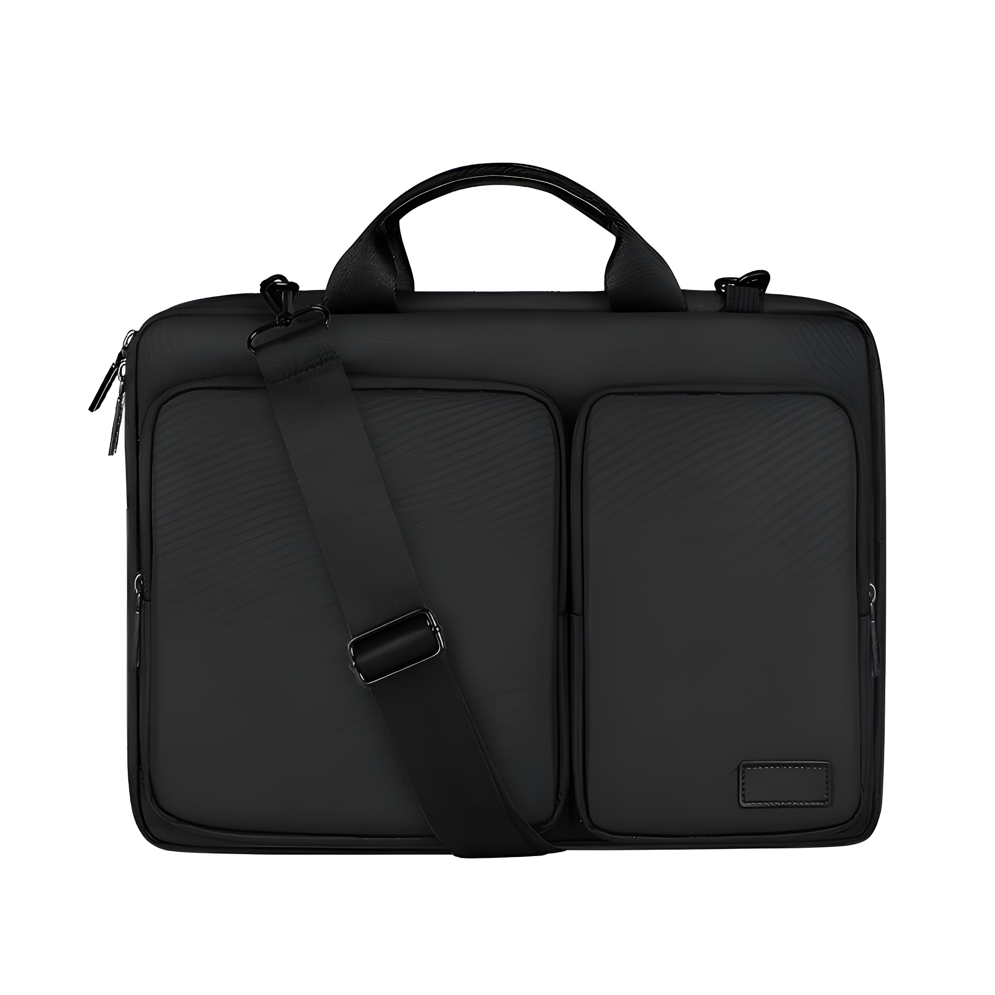 Eine schwarze Laptoptasche mit zwei Vordertaschen und einem Schulterriemen auf weißem Hintergrund.