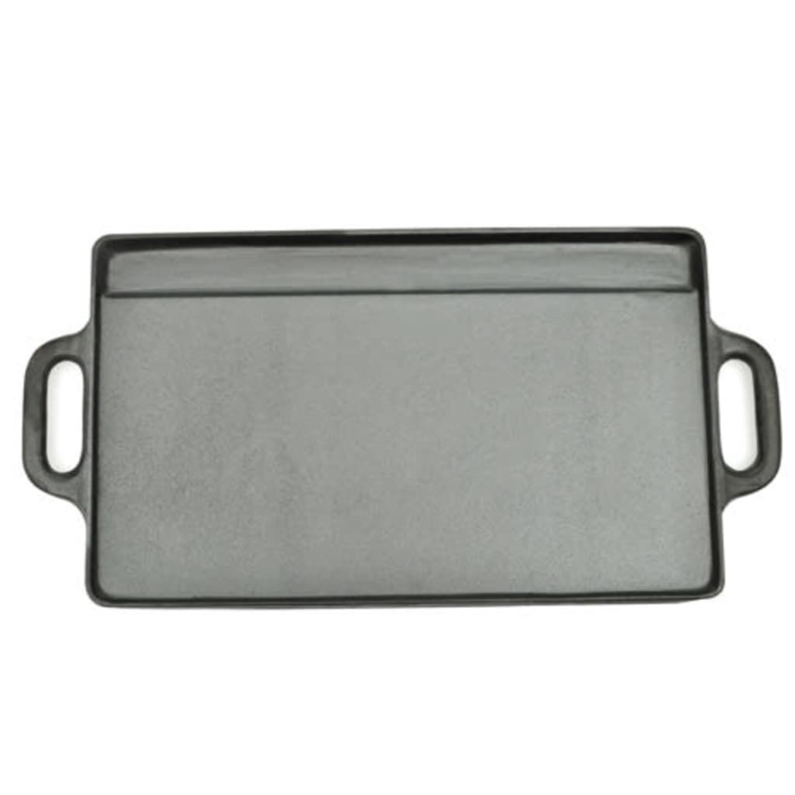 Rechteckige Gusseisen-Griddle-Pfanne mit Griffen. Die Pfanne ist grau und leer, bereit zum Kochen.