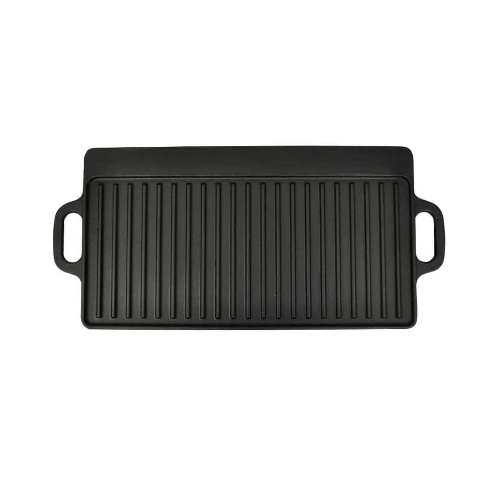 Schwarze rechteckige Grillpfanne. Hat Rillen und Griffe. Weißer Hintergrund.