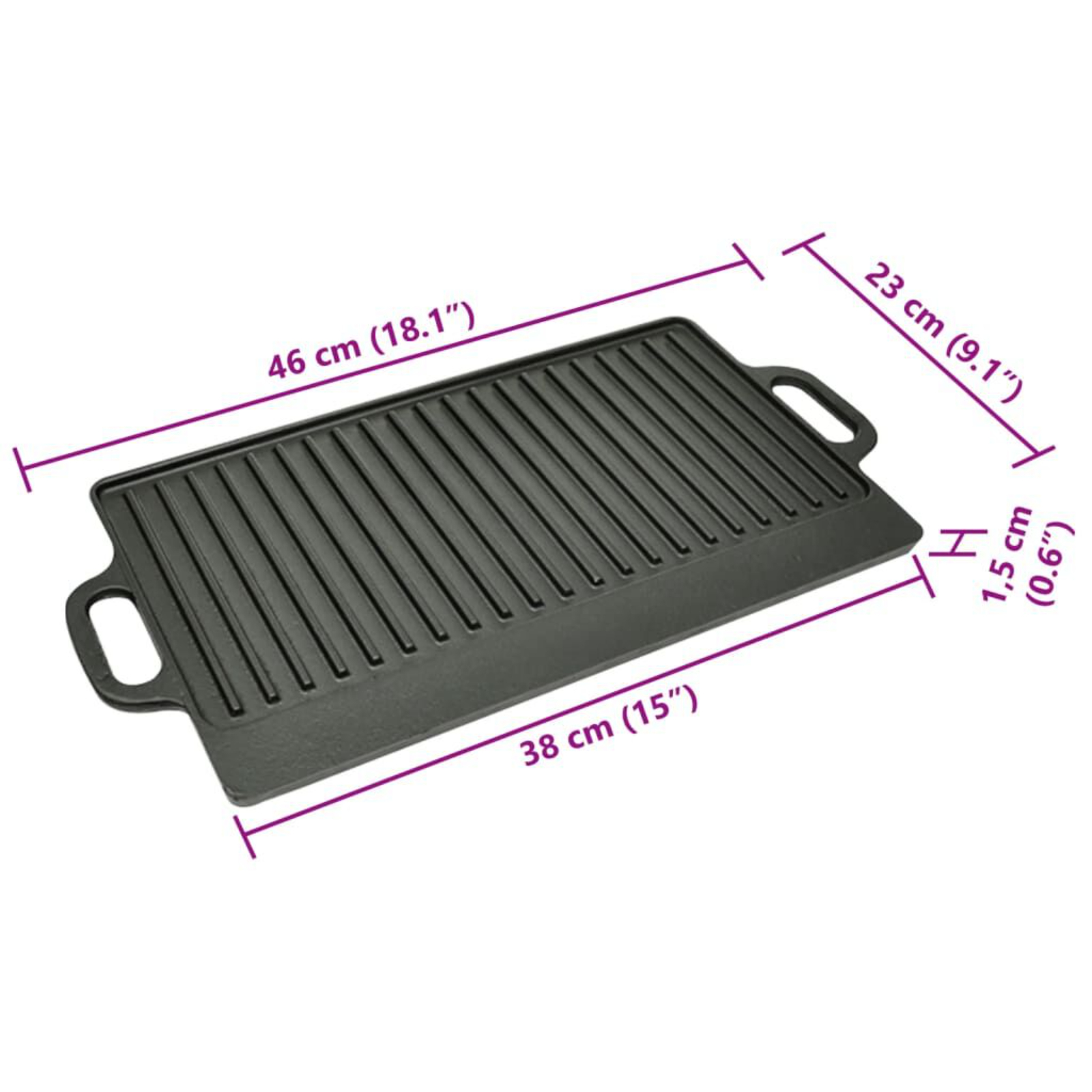 Schwarze Gusseisen-Grillplatte mit angegebenen Abmessungen, mit Griffen.