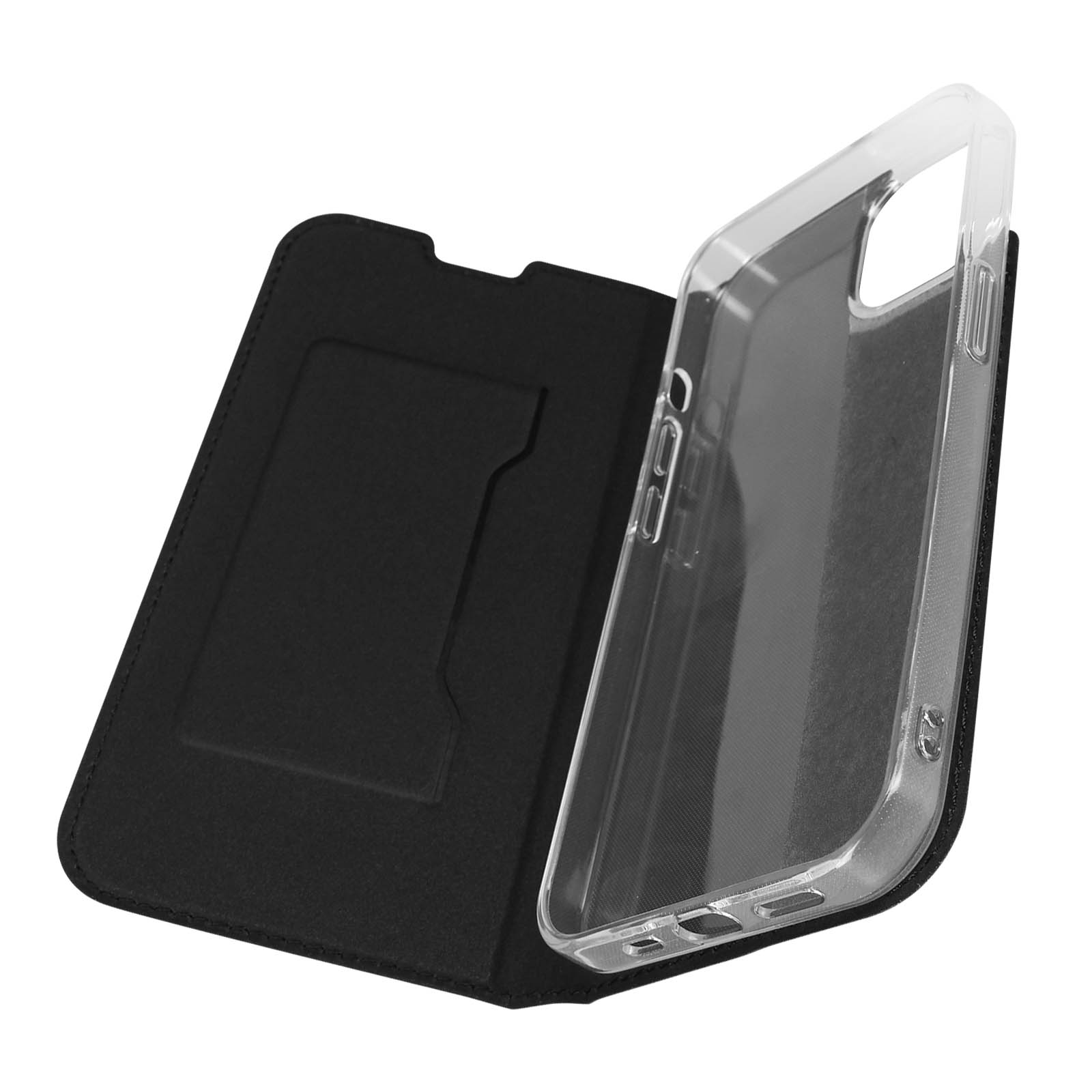 Custodia per telefono nera, aperta, con cover trasparente e scomparto per carte.