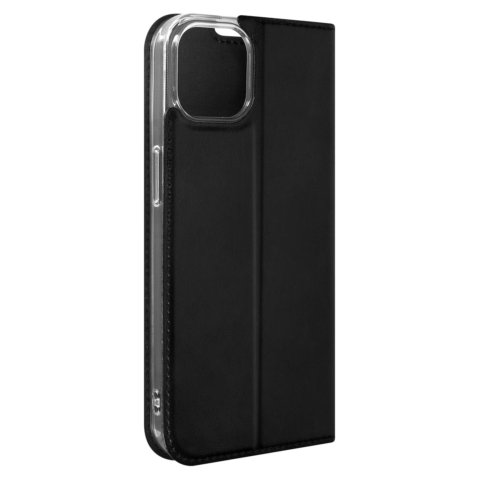 Custodia nera per telefono con un lato trasparente. Design a libro.