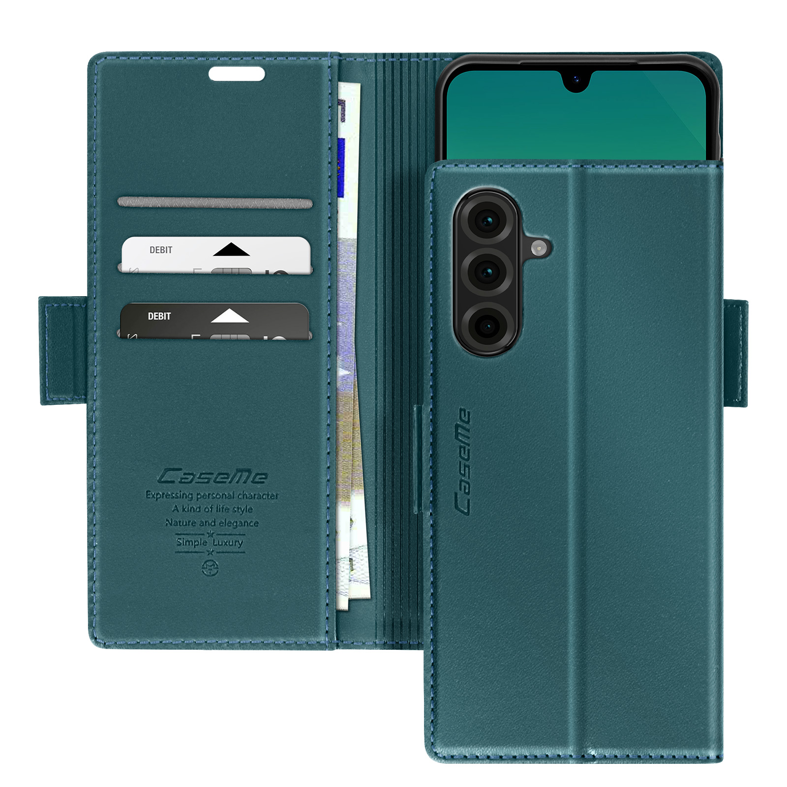 Custodia per telefono verde acqua, con fessure per carte. Telefono all'interno. Testo sulla custodia.