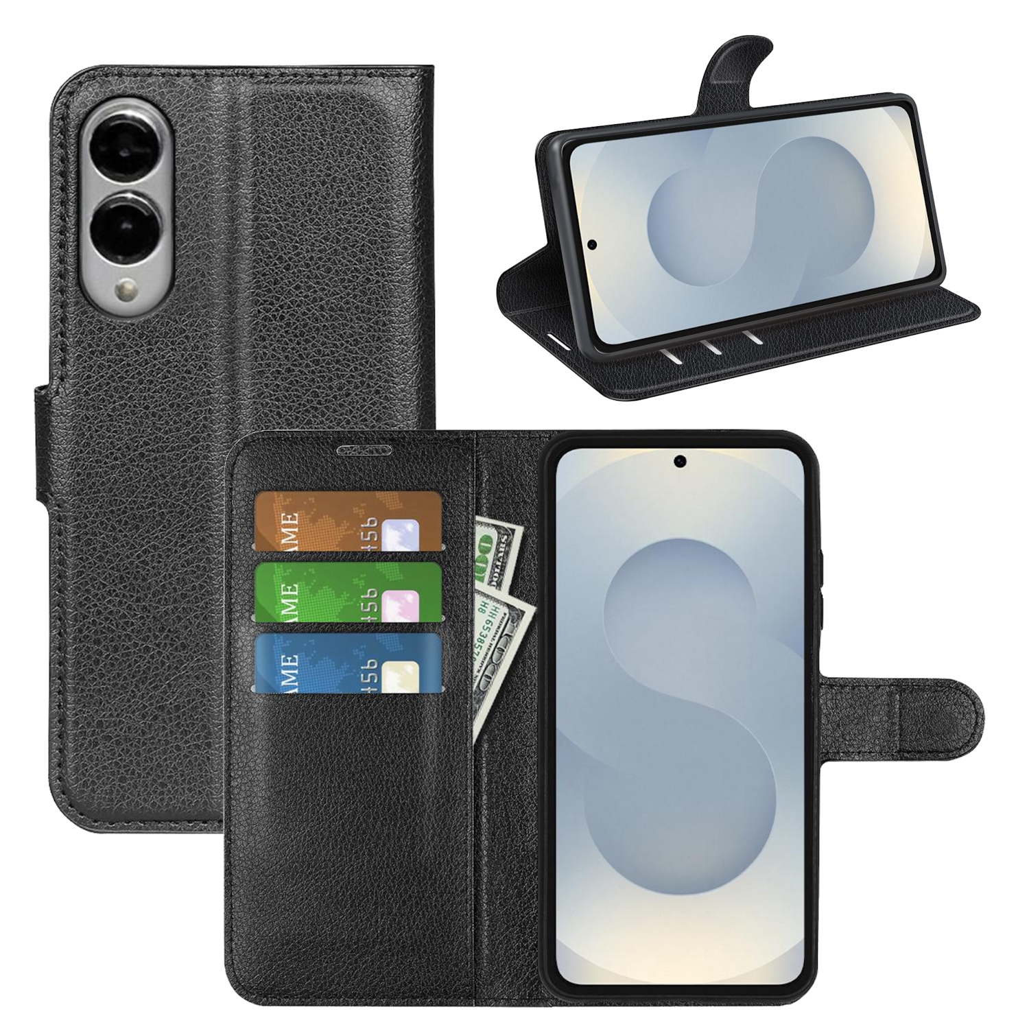 Schwarze Handyhülle mit Telefon, Karten und Bargeld. Geöffnete und geschlossene Ansichten auf schwarzem Hintergrund.