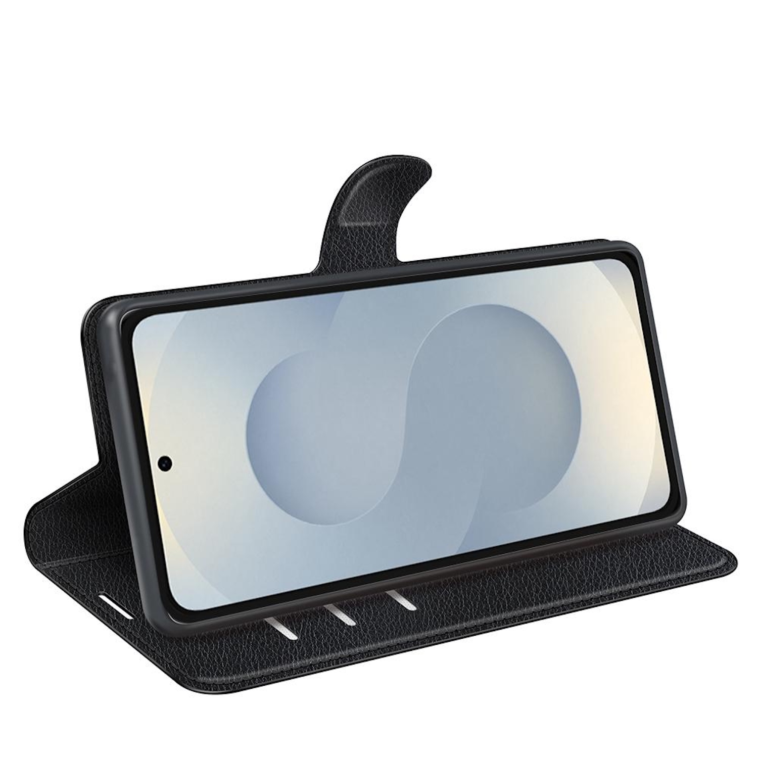 Eine schwarze Handyhülle mit einem Telefon darin. Das Telefon liegt auf der Seite und zeigt seinen Bildschirm.