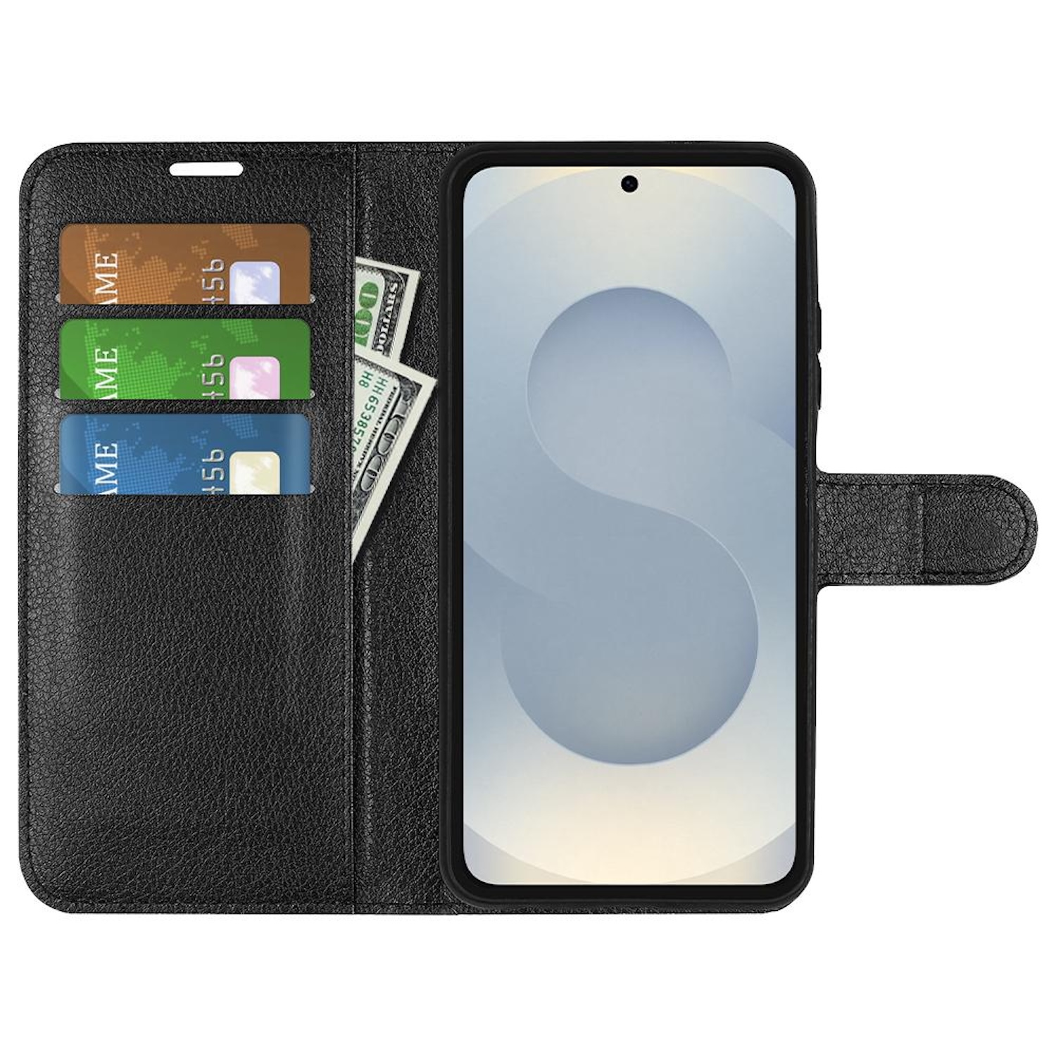 Schwarzes Handy-Hüllen-Portemonnaie mit Kreditkarten, Bargeld und einem Smartphone. Es ist schwarz.