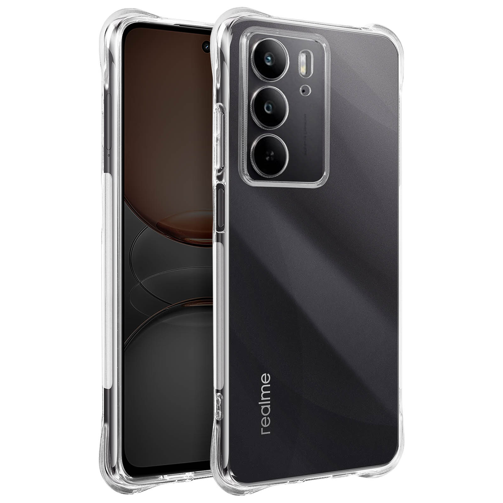 Smartphone con custodia trasparente. Lo sfondo è bianco.