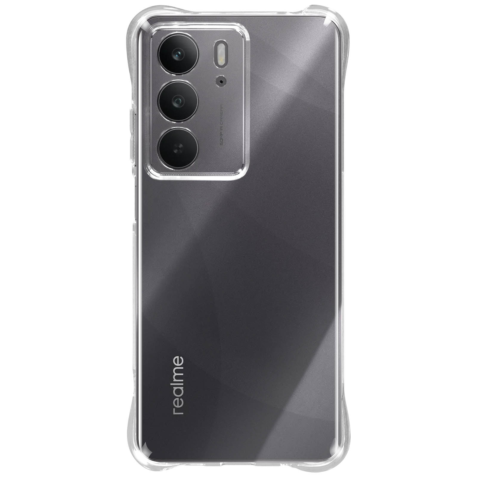 Custodia trasparente su un telefono grigio. Il telefono ha tre fotocamere e un logo.