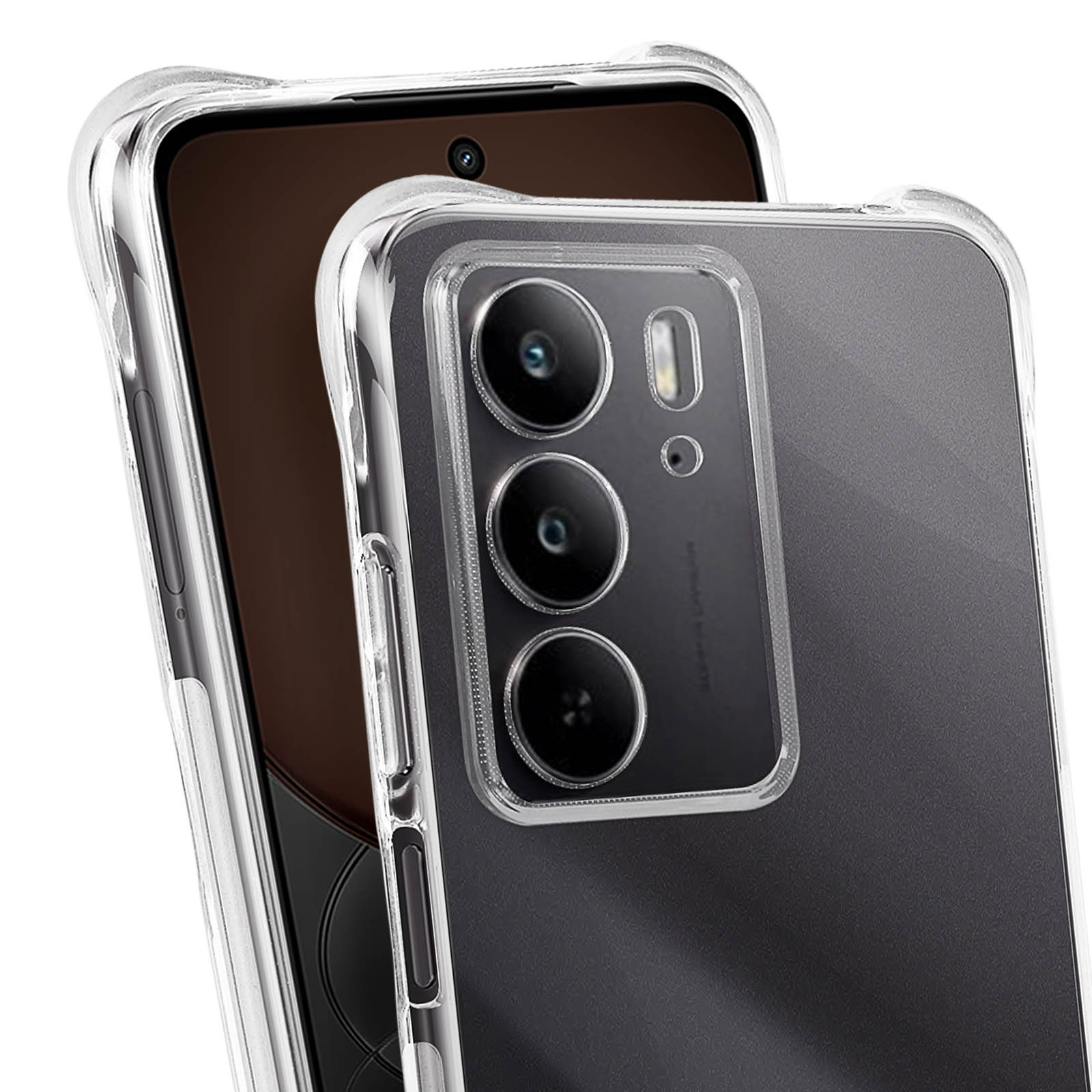 Una custodia trasparente per telefono con tre obiettivi.