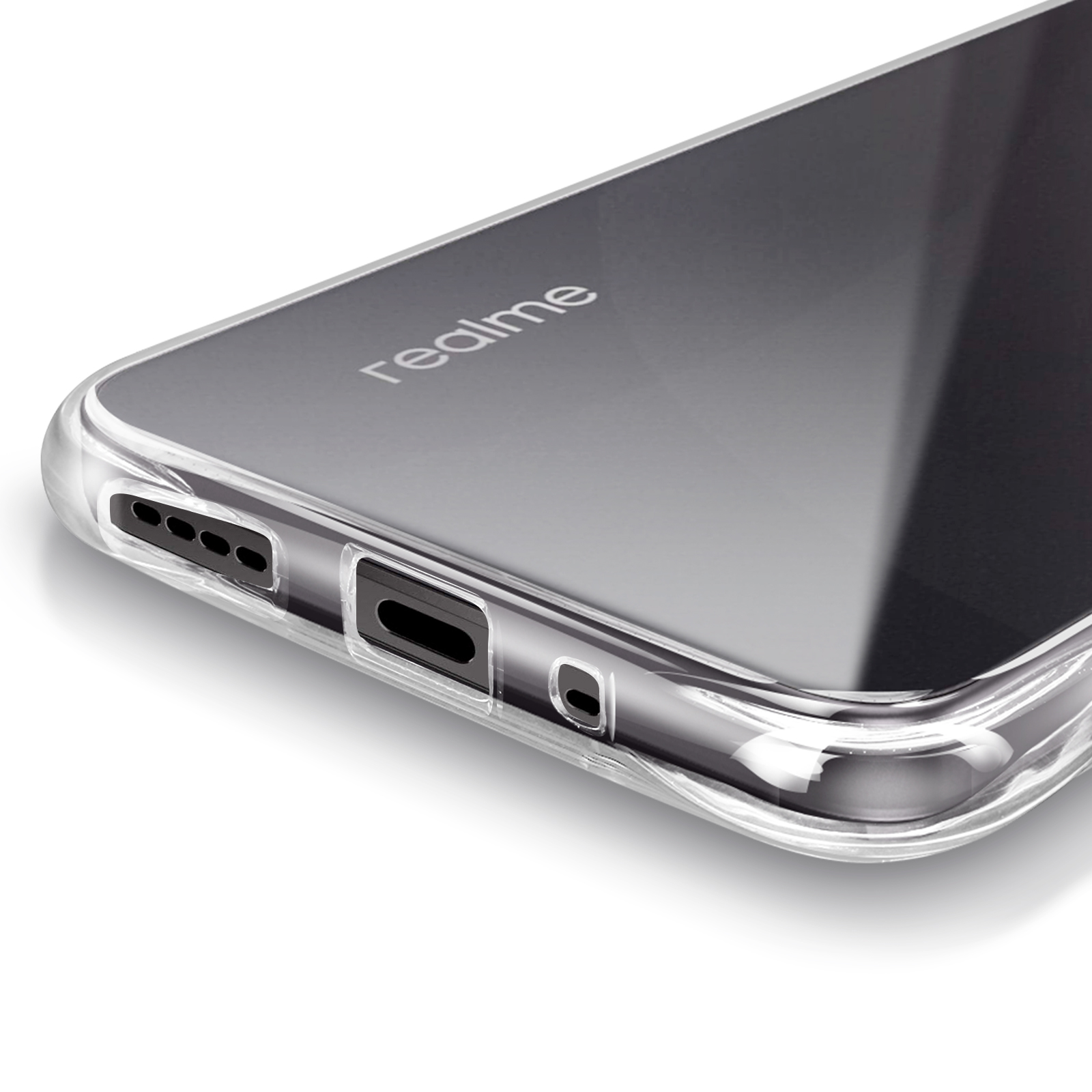 Custodia per smartphone con logo Realme. Copertura trasparente, porte visibili.