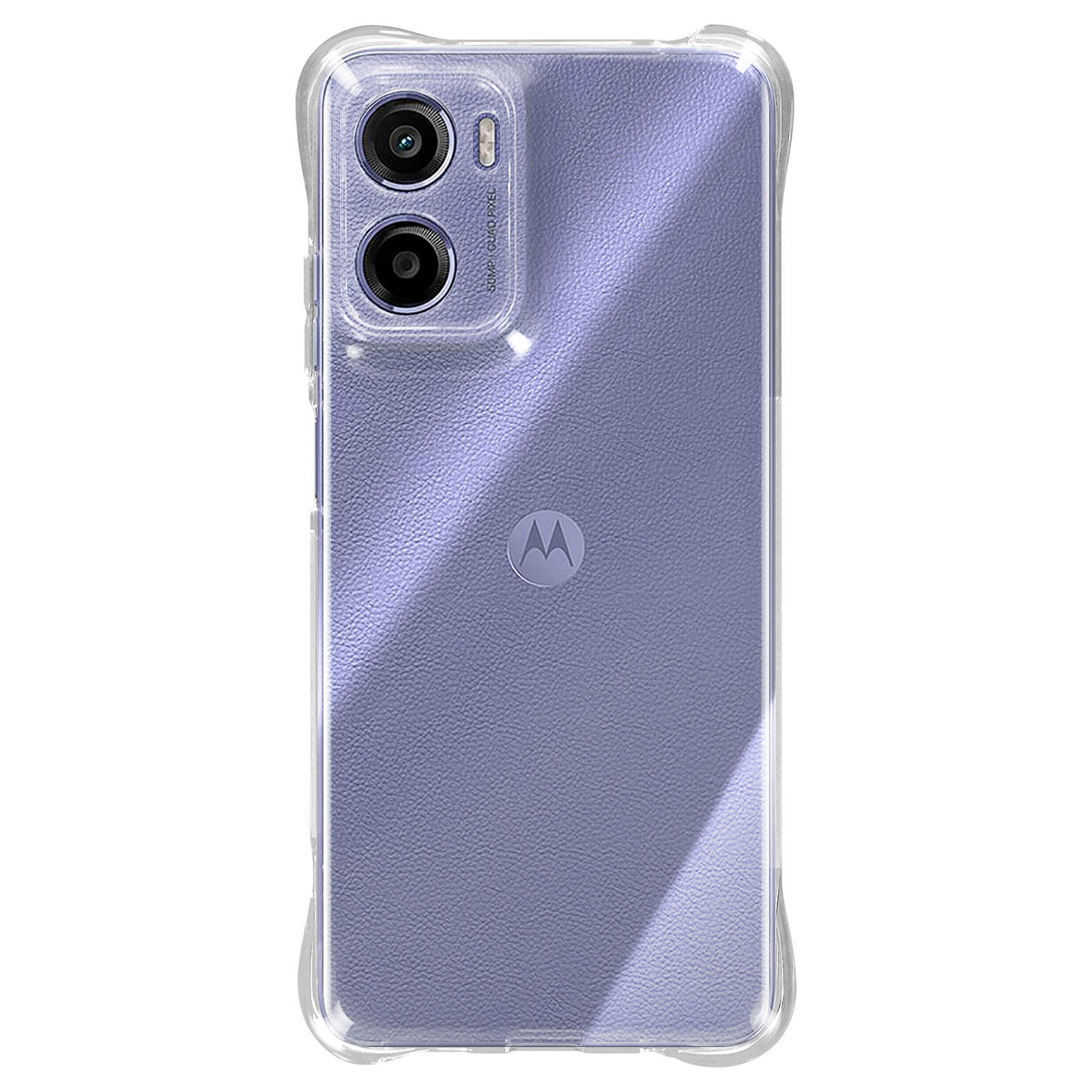 Telefono viola in custodia trasparente. Due fotocamere e flash sul retro. Logo Motorola visibile.