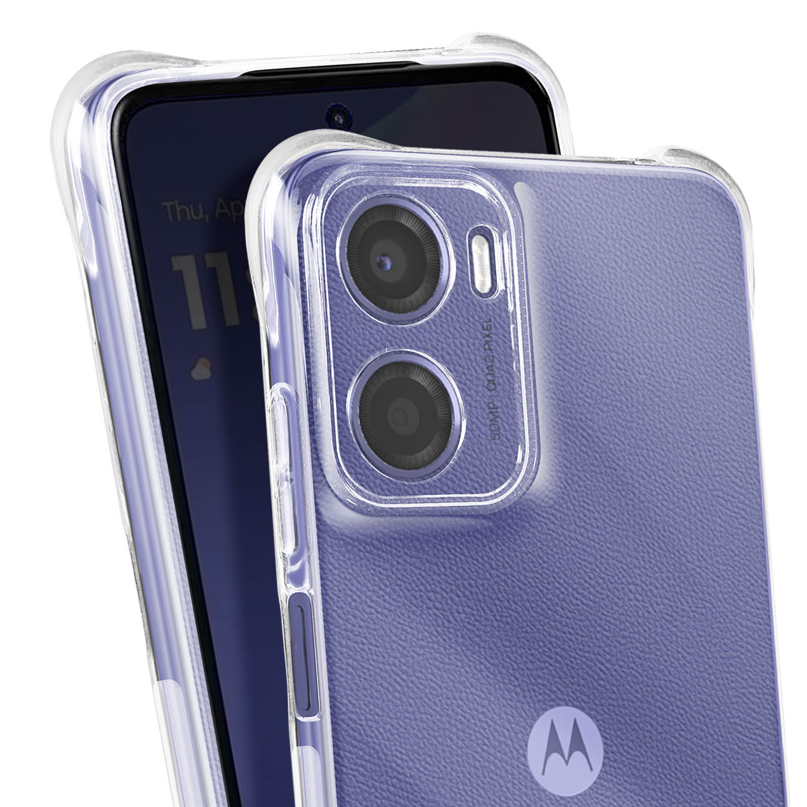 Primo piano di un telefono viola con custodia trasparente, che mostra la fotocamera.