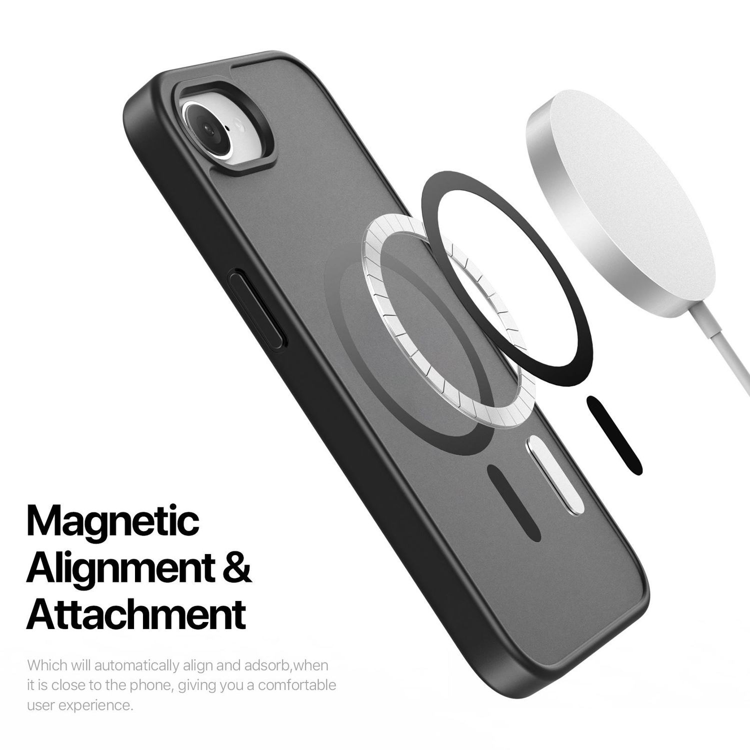 Schwarze Handyhülle mit Magnetring. Ein weißes magnetisches Ladegerät in der Nähe.