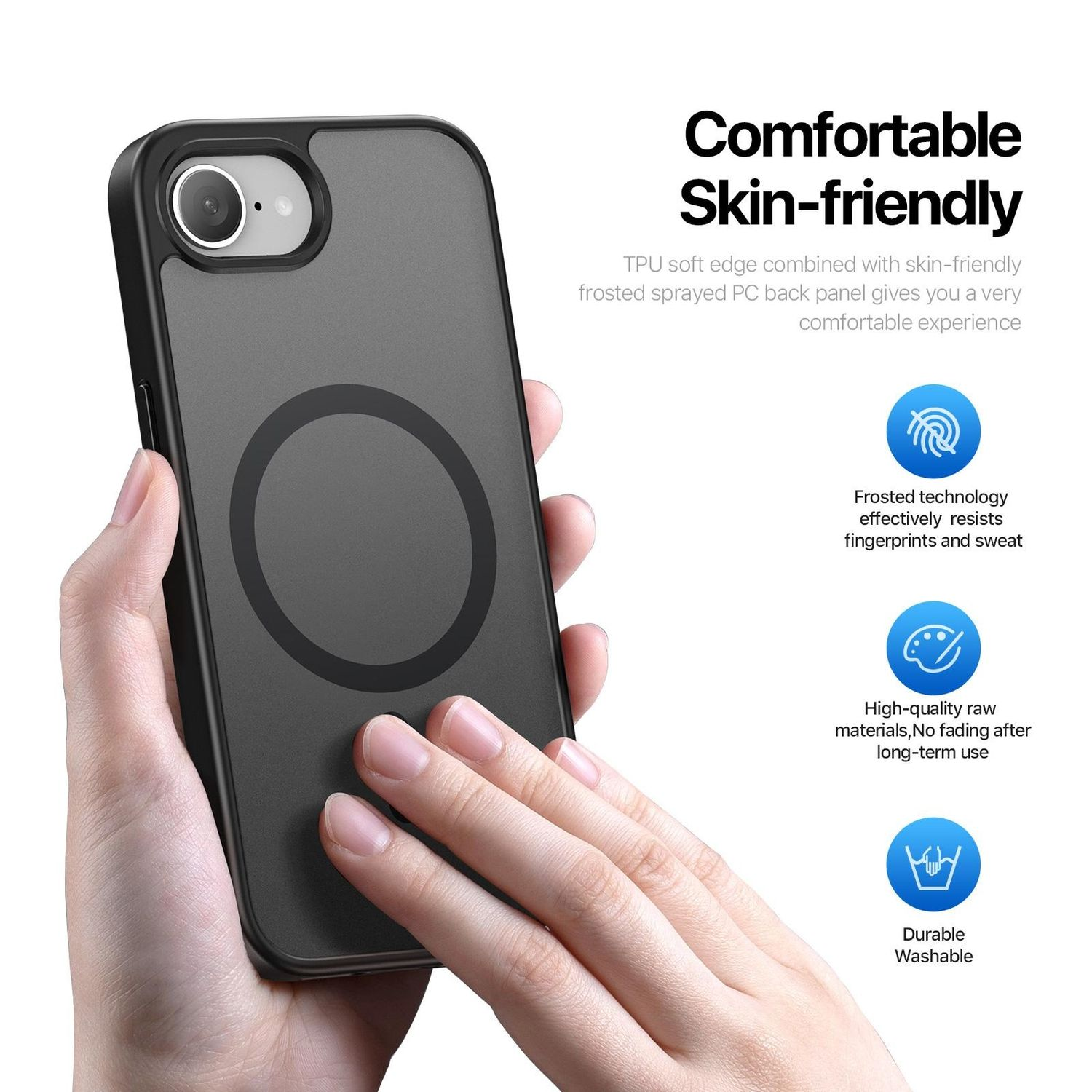 Hand hält eine schwarze Handyhülle mit kreisförmigem Design. Text auf dem Bild, weißer Hintergrund. Hülle hat ein Magsafe-Design.