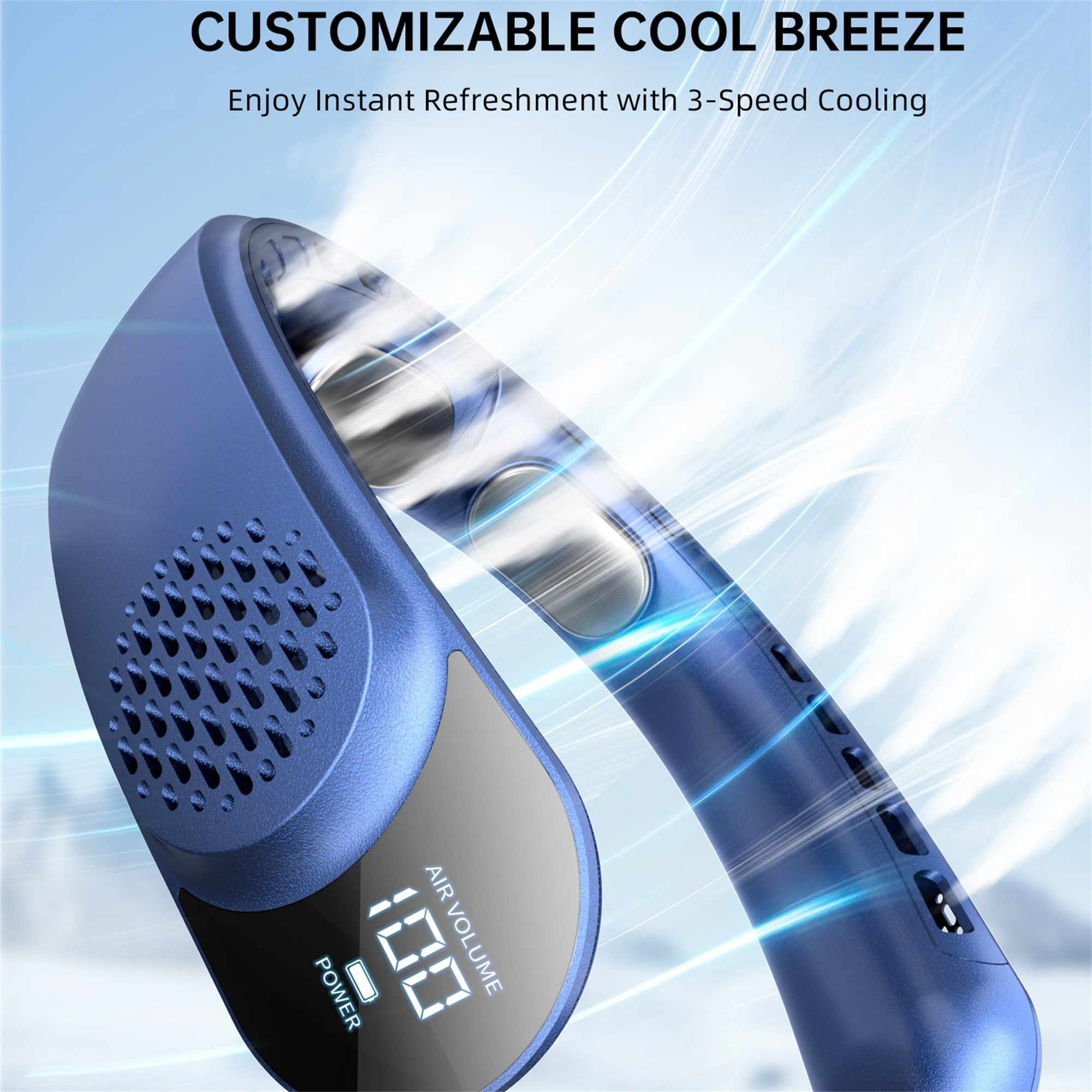 Blauer Nackenventilator mit Digitalanzeige und Text 'Air Volume'.