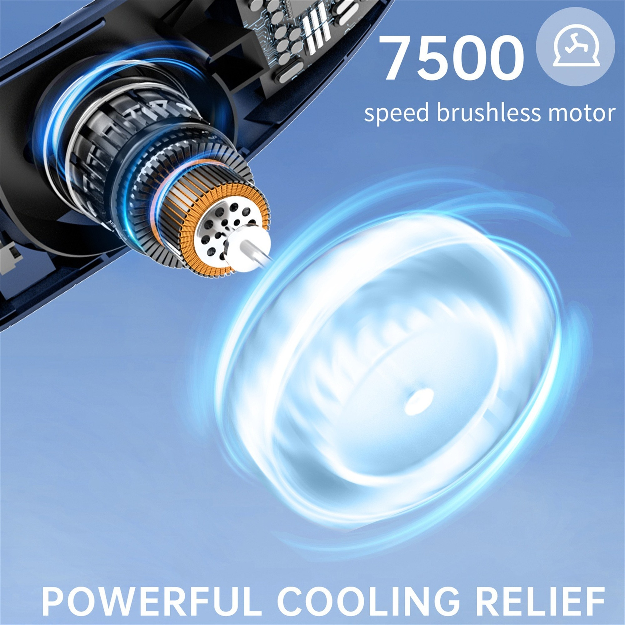 Nahaufnahme eines Lüfters mit blauem Lichteffekt und dem Text 'POWERFUL COOLING RELIEF'.