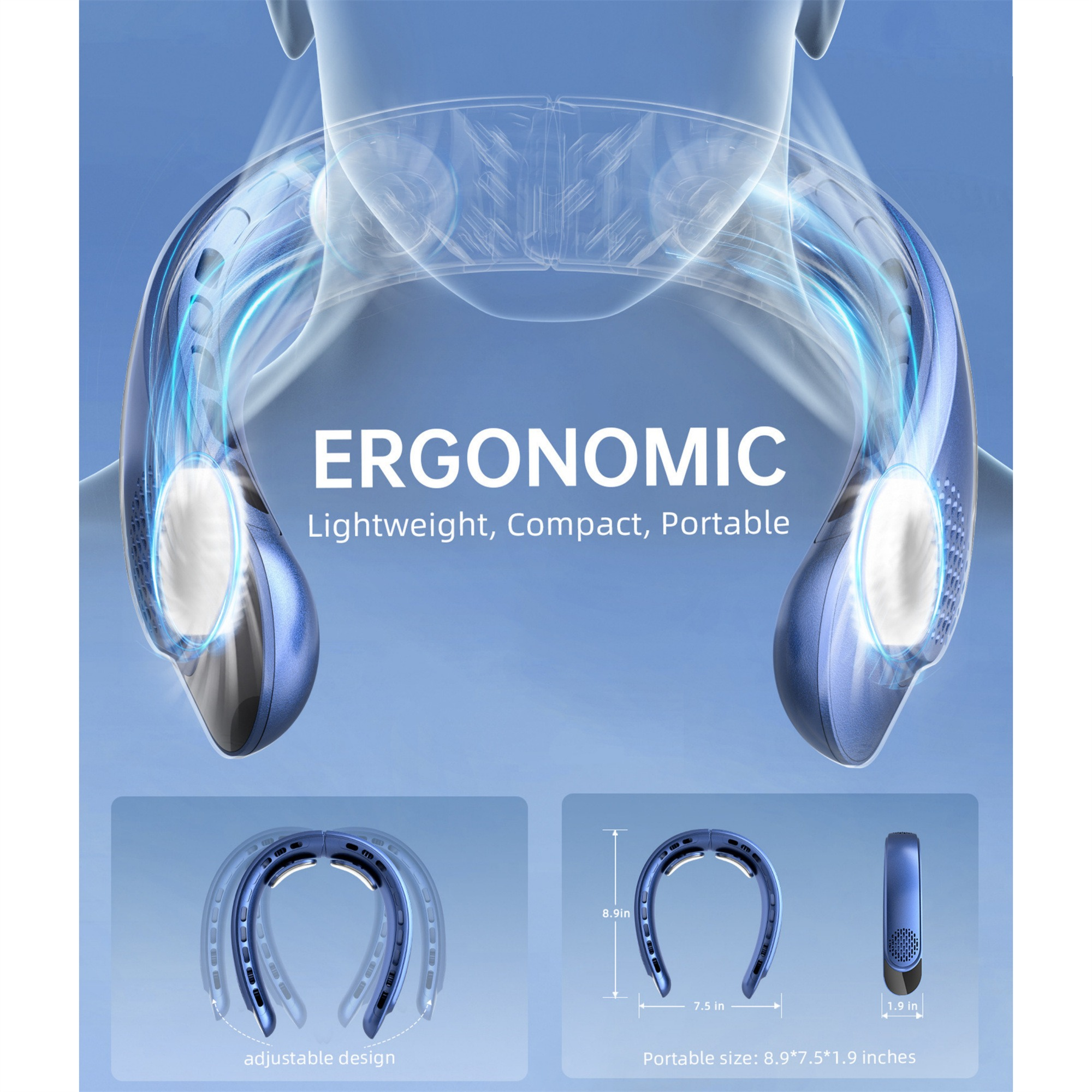 Blauer Nackenventilator mit Text 'ERGONOMISCH'. Abmessungen werden angezeigt. Leicht und kompakt.