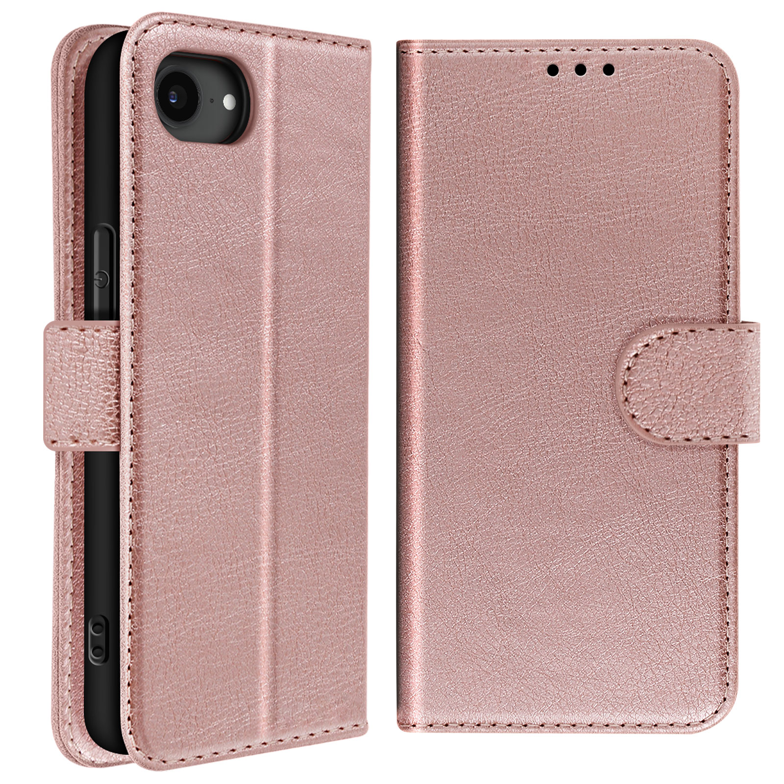 Custodia per telefono rosa, aperta, che mostra un telefono e fessure per carte, con chiusura a bottone.