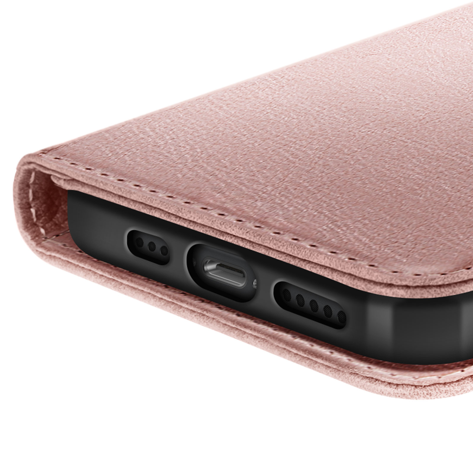 Primo piano di una custodia rosa con telefono nero all'interno, che mostra le porte.