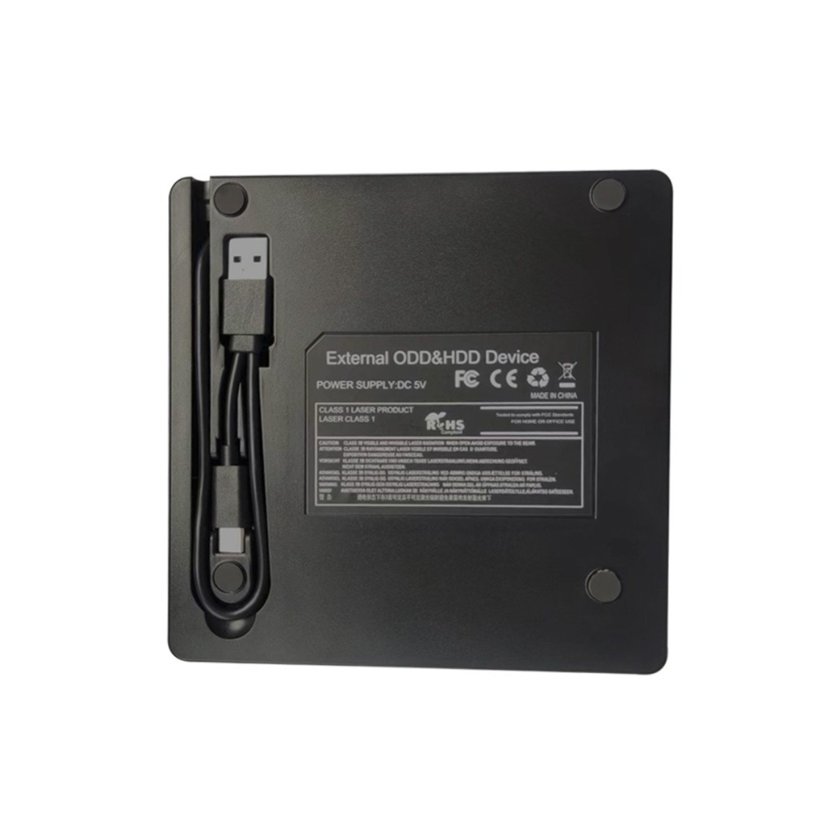Schwarzes externes ODD & HDD-Gerät mit einem USB-Kabel und Anschlüssen.
