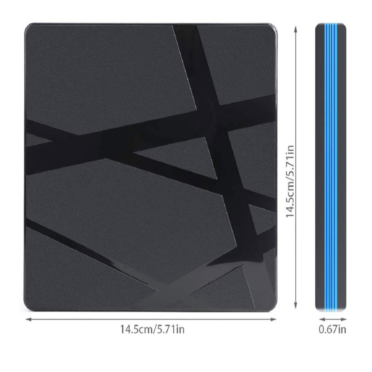Ein schwarzes quadratisches Gerät mit Abmessungen und blauen Lichtstreifen an der Seite.