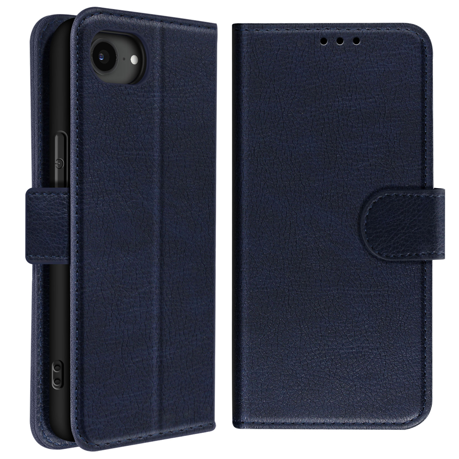 Custodia per telefono blu scuro con aspetto pelle e chiusura magnetica.
