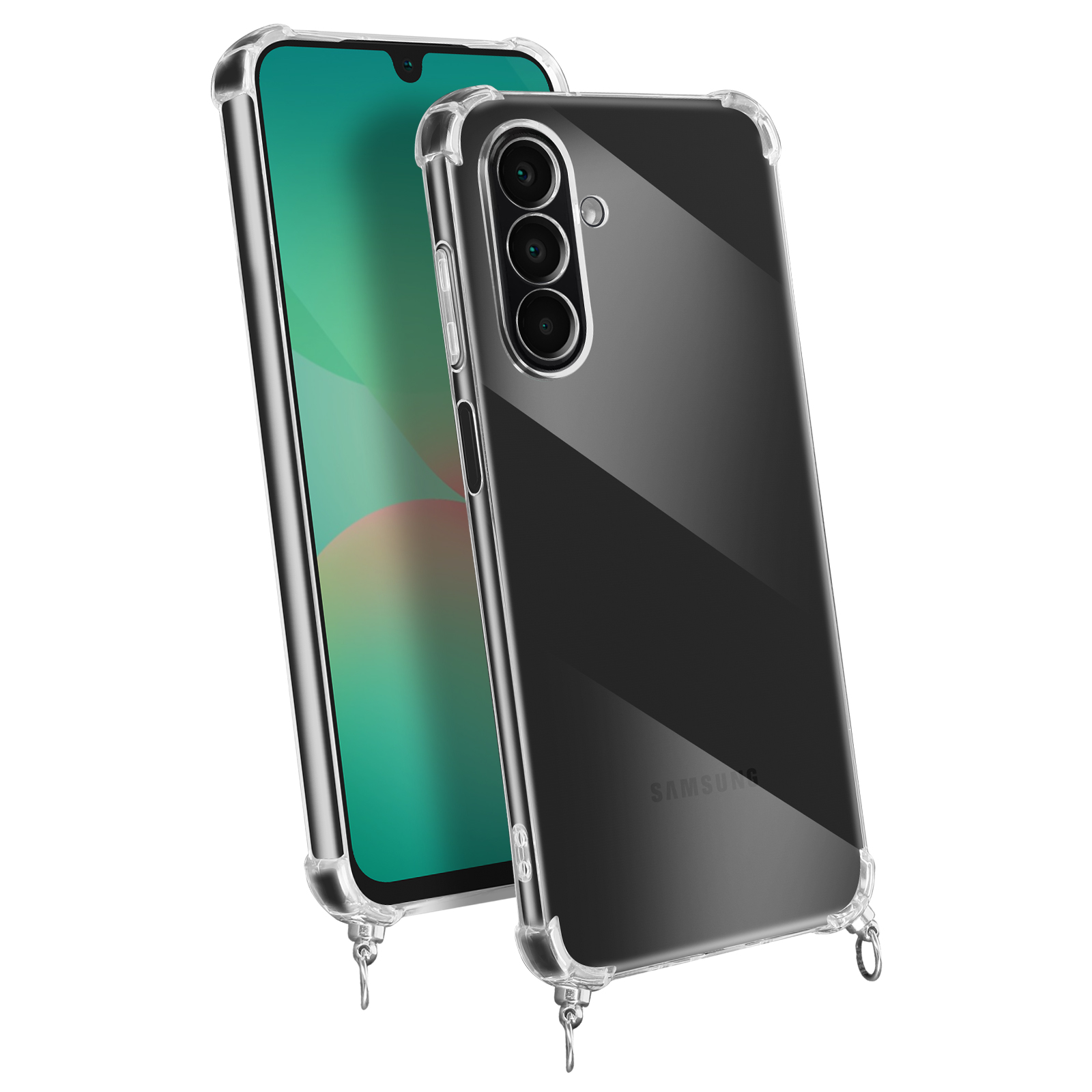 Telefon in klarer Hülle mit Kameramodul. Klare Hülle auf weißem Hintergrund.