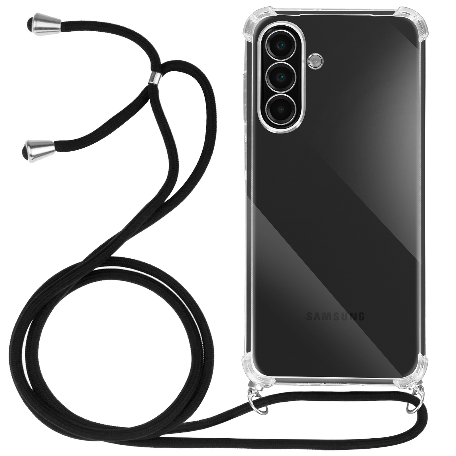 Schwarze Handyhülle mit transparentem Rücken und schwarzem Umhängeband. Das Telefon ist sichtbar.