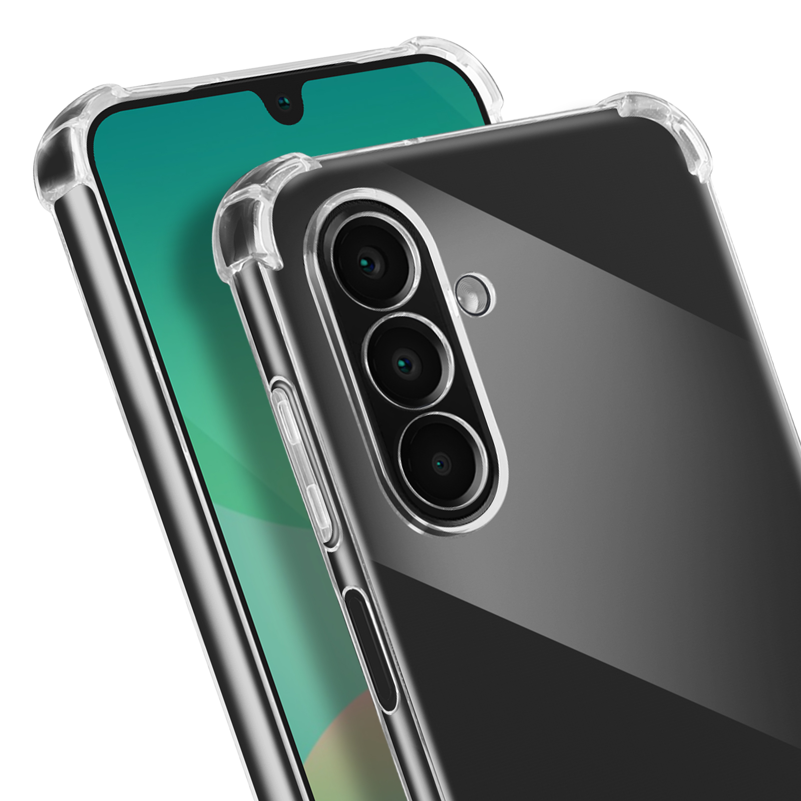 Transparente Handyhülle mit Telefon, zeigt Kameralinsen und Bildschirm.