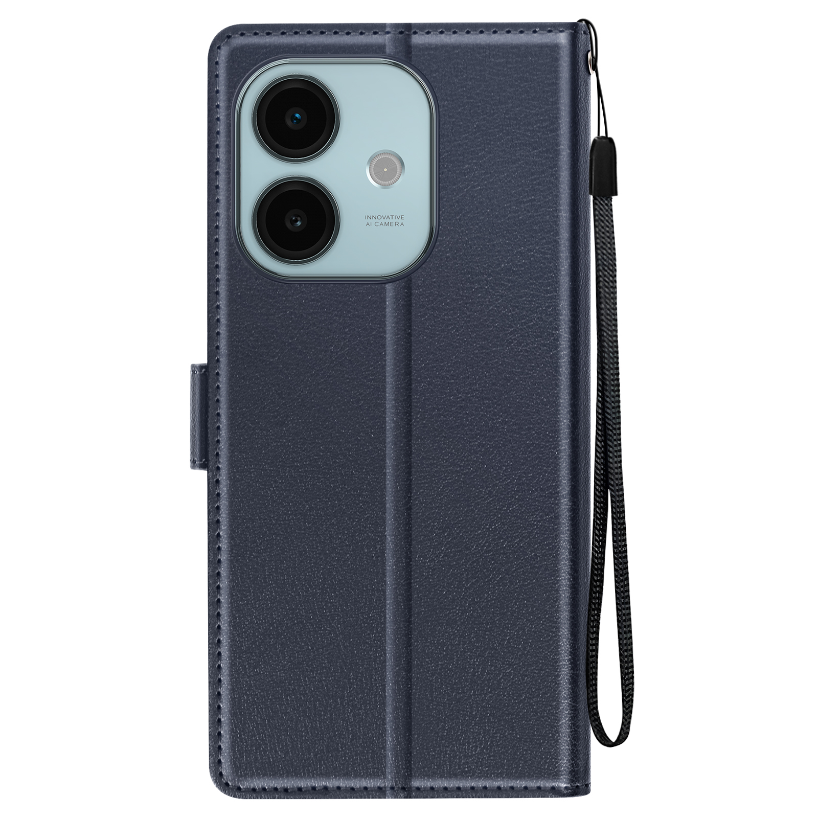Custodia per telefono blu scuro con due obiettivi e cinturino nero, isolata.