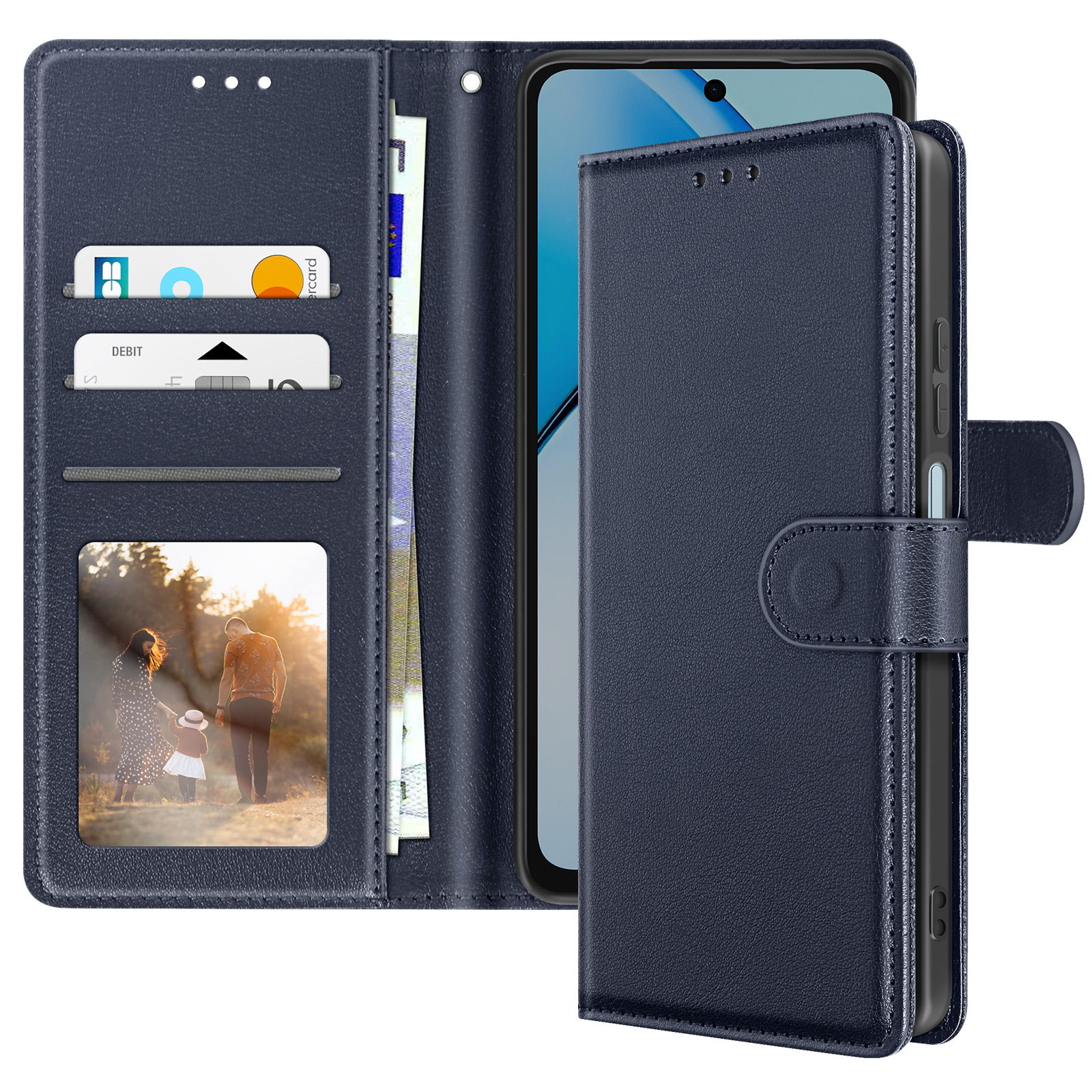 Custodia per telefono blu navy aperta con fessure per carte, denaro e foto. Telefono visibile.
