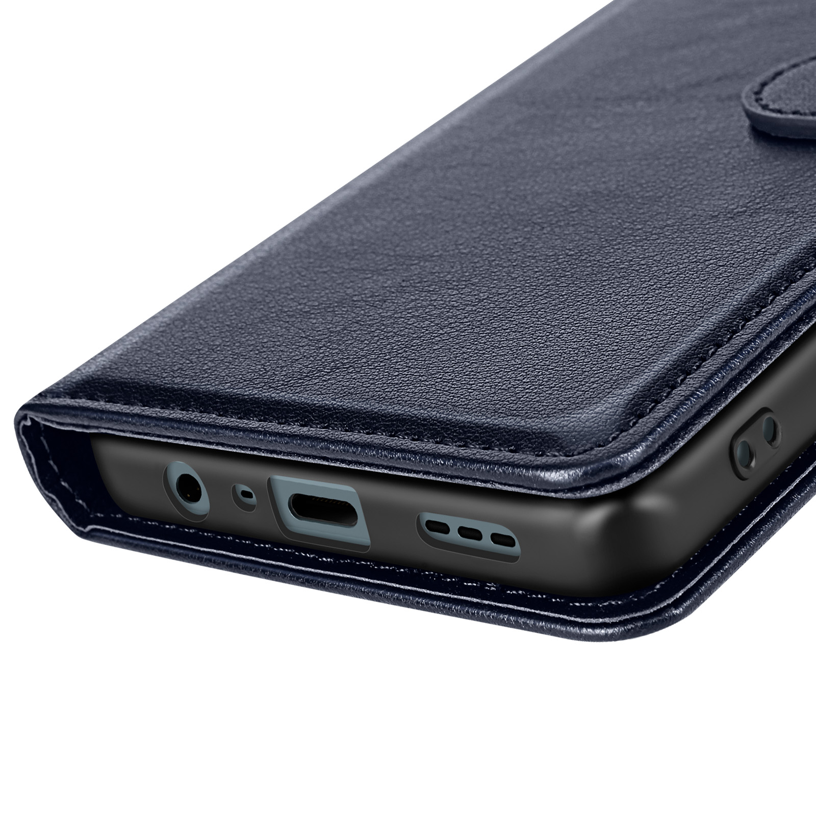 Primo piano di una custodia per telefono blu scuro. Mostra porte e un pulsante.