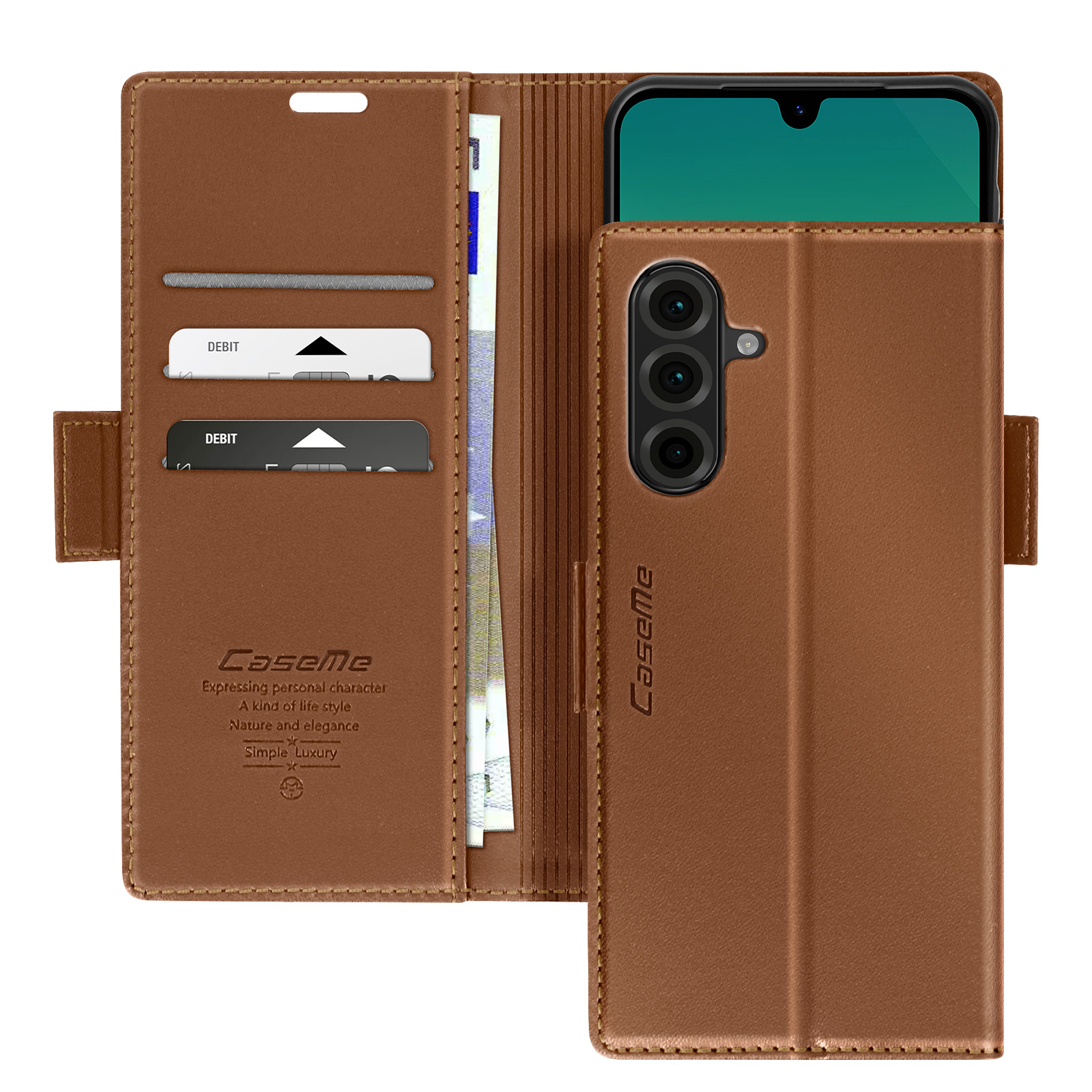 Custodia in pelle marrone con telefono all'interno e scomparti per carte di credito. Logo Caseme visibile.