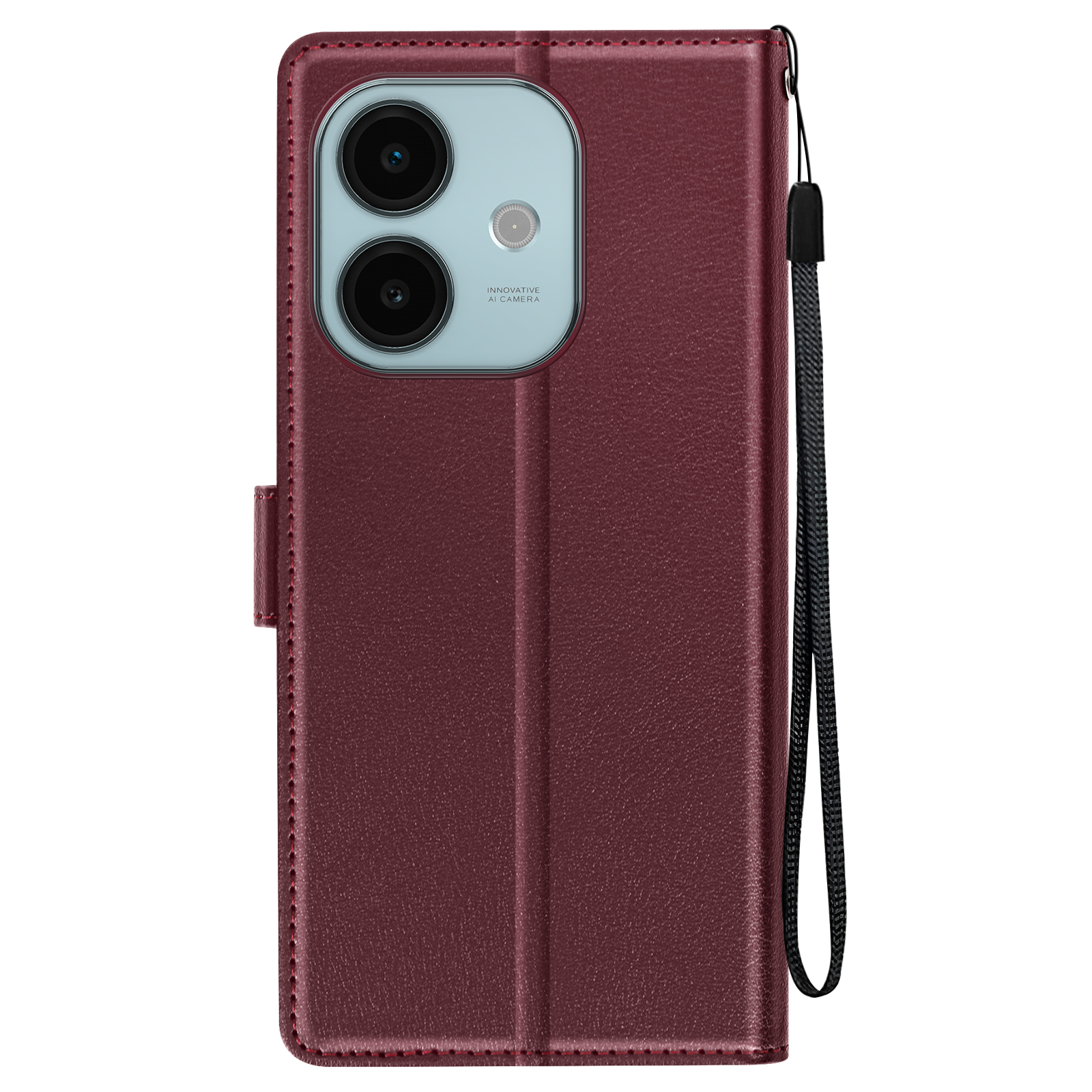 Una custodia per telefono in pelle bordeaux con fotocamera, un cinturino nero e un telefono all'interno.