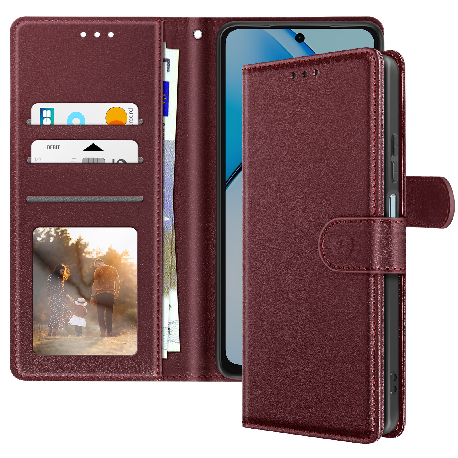 Custodia per telefono bordeaux aperta con telefono, carte e una foto. Chiusura a bottone visibile.