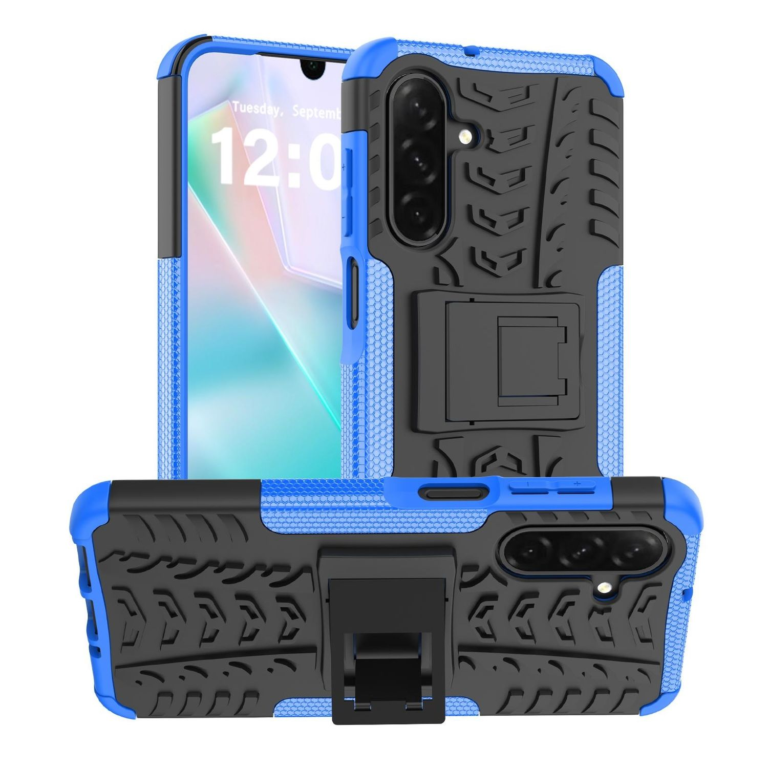 Blau-schwarze Handyhülle mit Ständer, zeigt einen Telefonbildschirm.