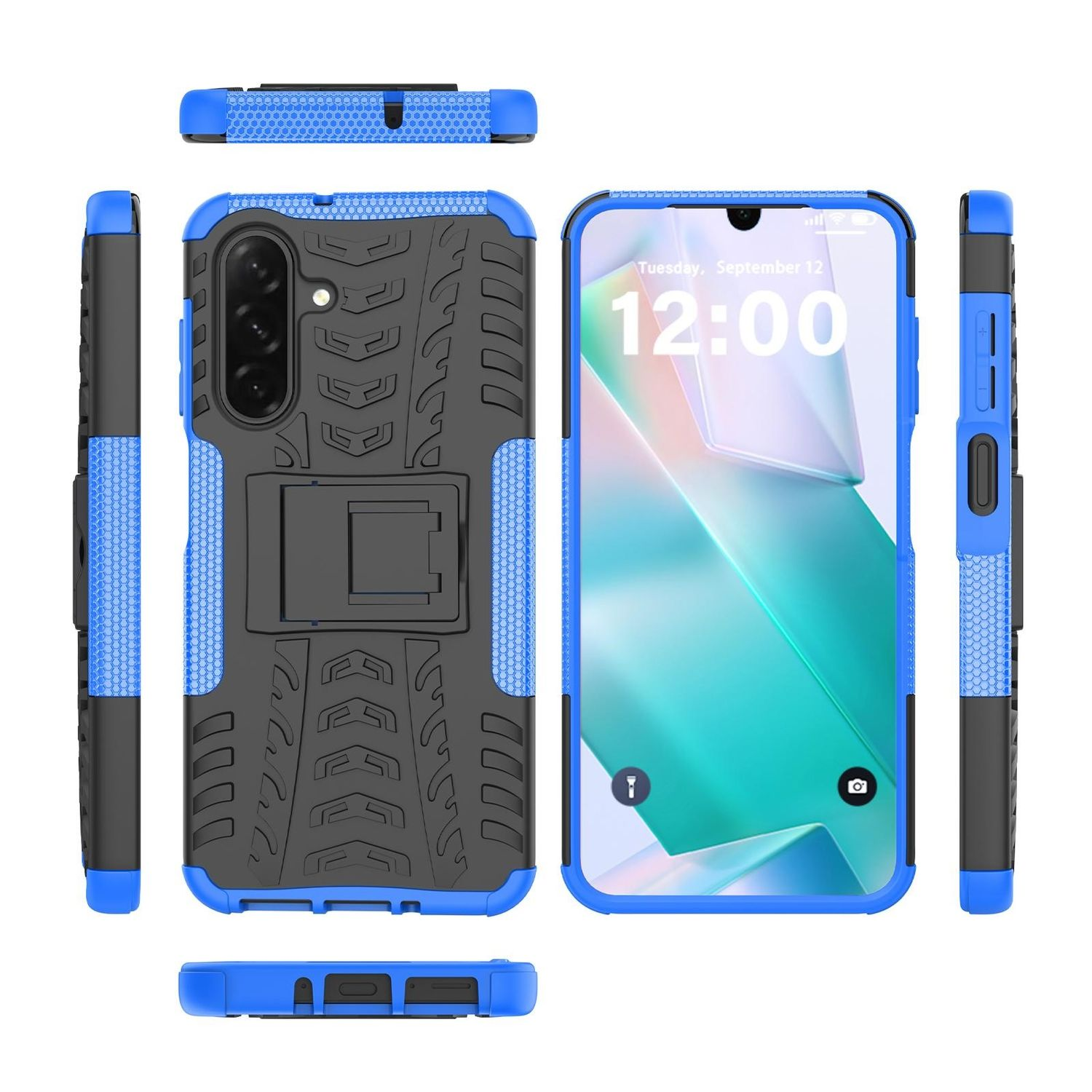 Mehrere Ansichten einer blau-schwarzen Handyhülle mit Ständer, die verschiedene Winkel zeigen.