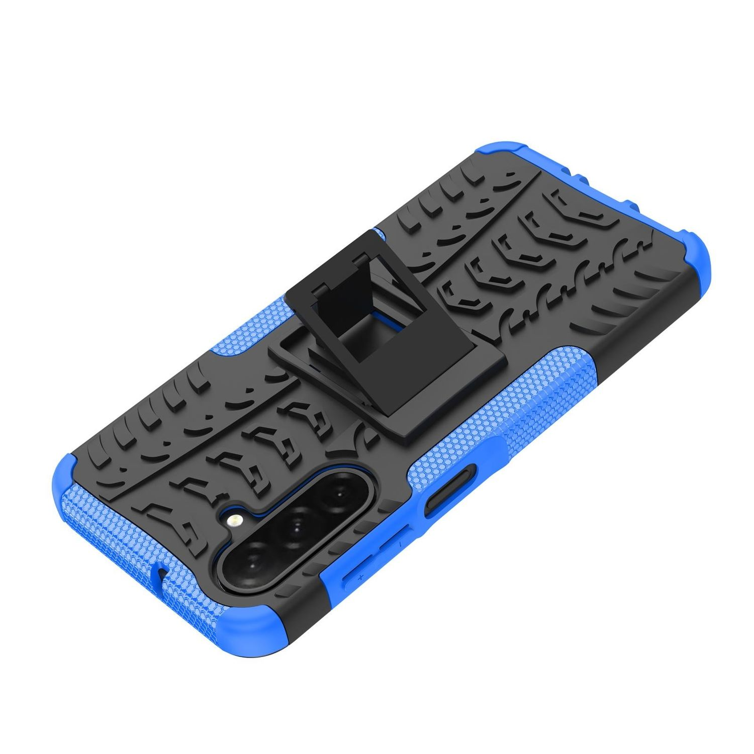 Blau-schwarze Handyhülle mit Ständer. Die Hülle hat ein robustes Design mit Ständer auf der Rückseite.