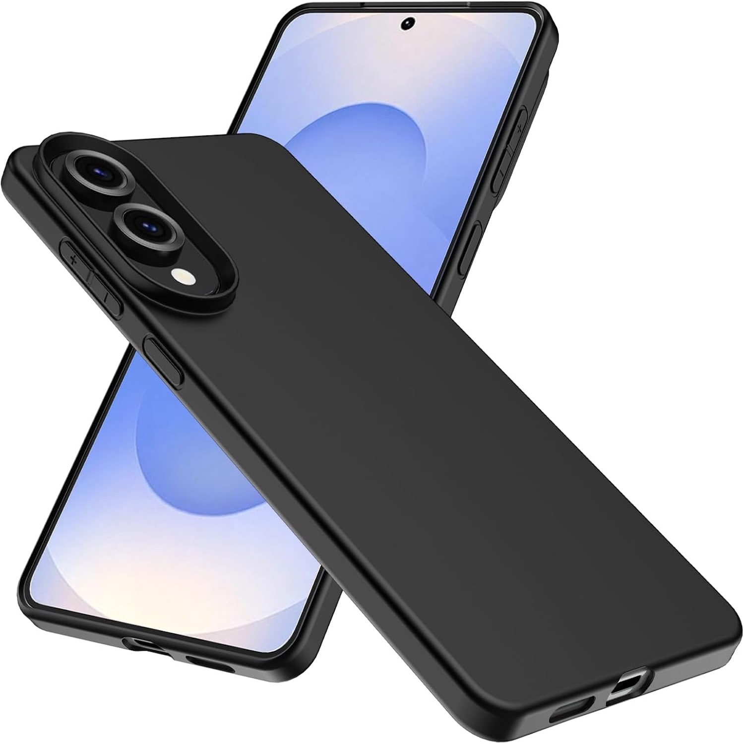 Schwarze Smartphone-Hülle. Telefon in Hülle ist angewinkelt. Hülle hat Kameraausschnitte. Weißer Hintergrund.
