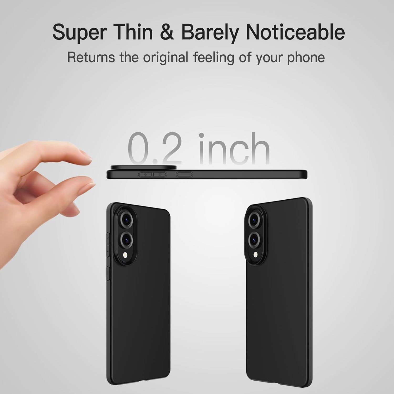 Schwarze Handyhülle mit einem Telefon. Das Bild zeigt Handyhülle und Telefon nebeneinander.