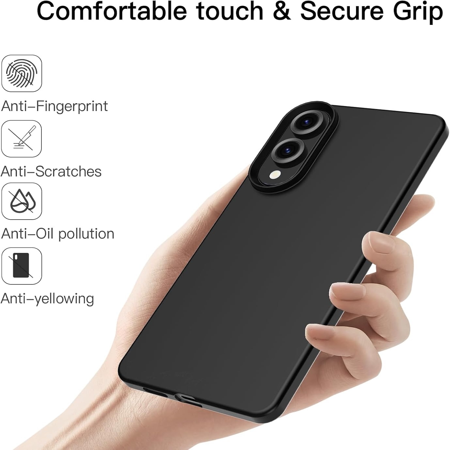 Schwarze Handyhülle, Rückseite des Telefons zeigend, mit Anti-Fingerprint und Anti-Kratz-Funktionen.
