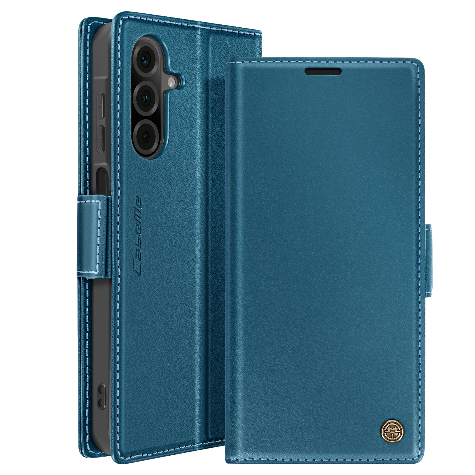 Custodia per telefono in pelle blu, aperta, che mostra il telefono e la fotocamera. Un logo dorato a destra.